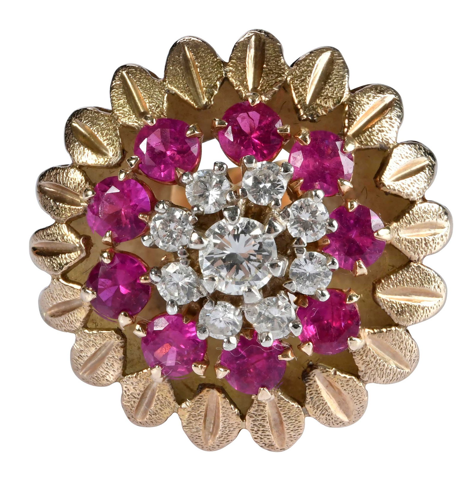 Gold Ruby and Diamond Flower Motif Ring: nine round faceted diamonds, approx. 0.60ctw., 9 round faceted rubies, top tests 14kt. yellow gold, shank tests 10kt. yellow gold, 9 ring sz., 11.4 g Provenance: Private Collection, Virginia Beach Not