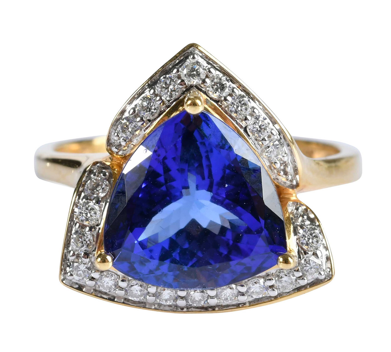 18kt. Tanzanite Diamond Trillion Shaped Ring: modified trillion faceted tanzanite, approx. 4.77ct., 21 round faceted diamonds, approx. 0.30ctw., SI, G-I, marked "18K, 7G", yellow and white gold, 8-3/4 ring sz., 5.9 g Provenance: Private Collectio