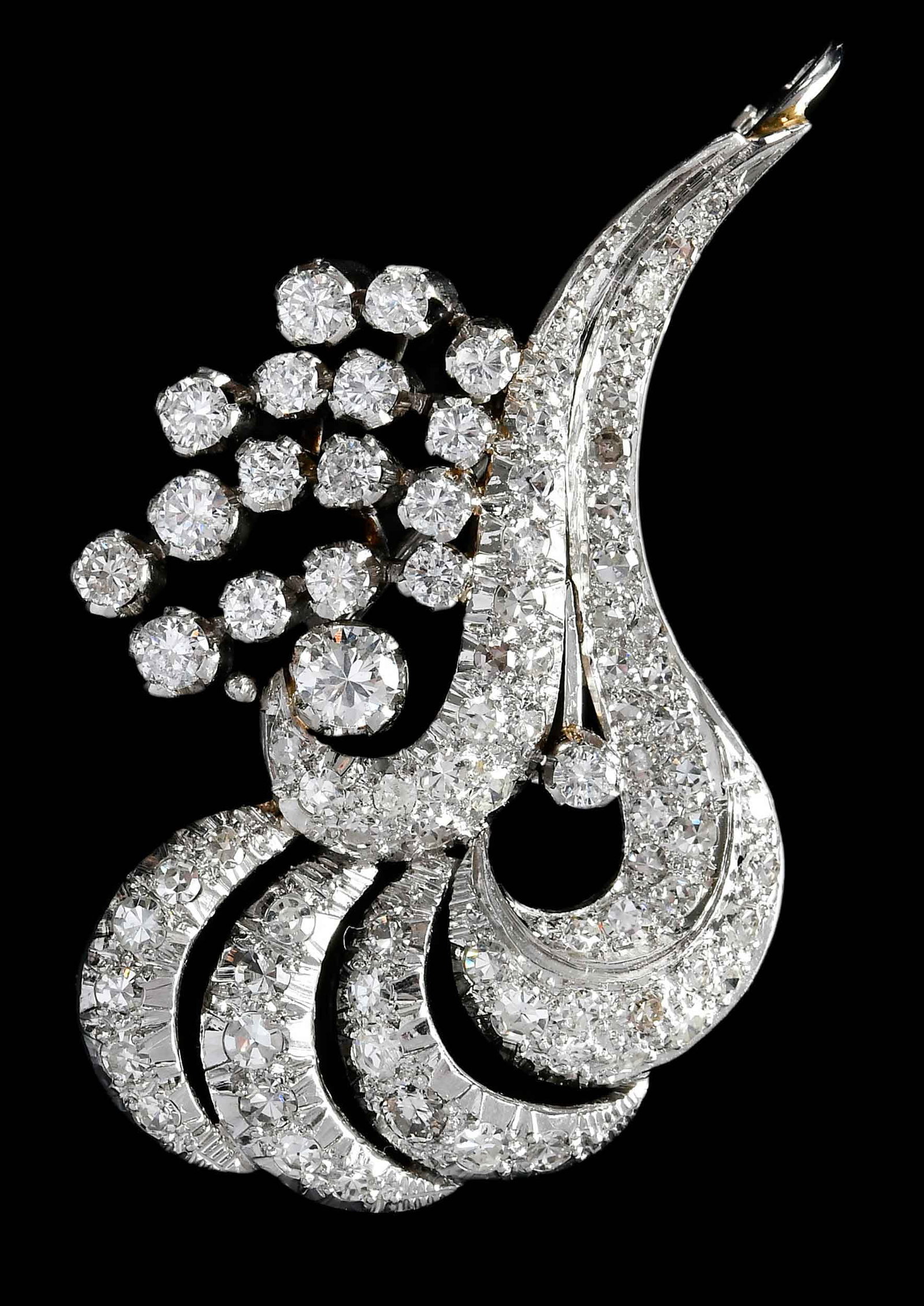 Platinum Vintage Diamond Brooch Pendant: circa 1950, 69 round single and full faceted diamonds, approx. 2.40ctw., tested platinum, 1-3/4 x 1-1/4 in. overall design, 10.5 g Provenance: Private Collection, Virginia Beach Note: Accompanied by a