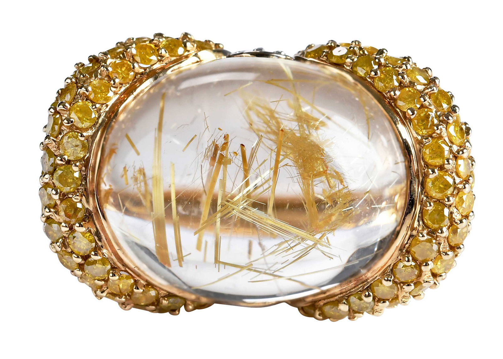 14kt. Rutilated Quartz and Diamond Ring: oval cut cabochon rutilated quartz, approx. 19.0 x 15.0mm, 76 round faceted yellow diamonds, 16 round faceted white diamonds, 32 round faceted brown diamonds, approx. 2.40ctw., SI-I, marked "14K", yel