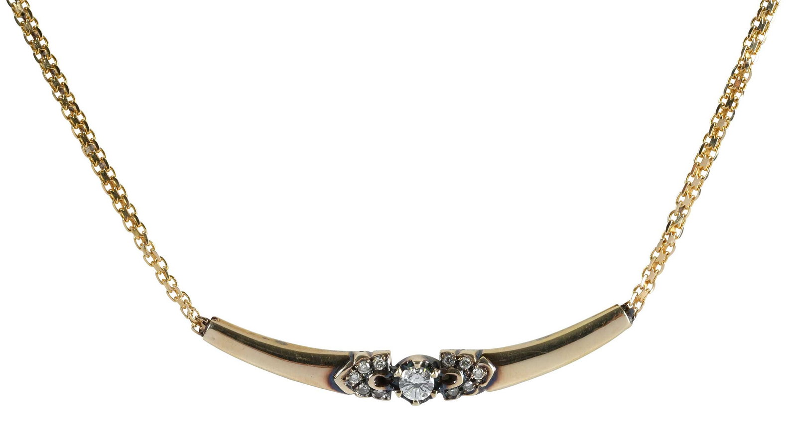 14kt. Diamond Bar Fashion Necklace: center round faceted cut diamond, approx. 0.25ct., 10 round faceted diamonds, marked "14k", yellow gold, fancy link chain, 16 in. length, 7.1 g Provenance: Private Collection Note: Brunk Auctions make