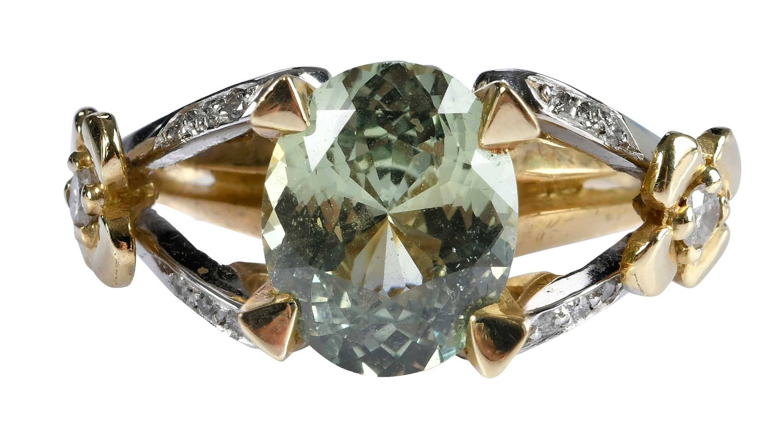 14kt. Light Blue-Green Sapphire and Diamond Ring: modified oval cut blue green sapphire, approx. 3.56ct., 16 round faceted diamonds, marked "14K, Noah", yellow and white gold, 8 ring sz., 7.9 g Provenance: Private Collection, Virginia Beach Note: Acc