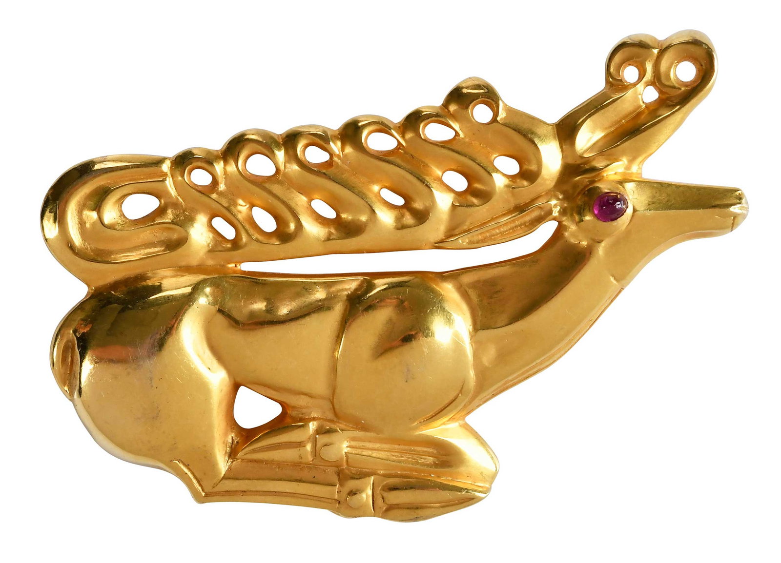 14kt. MMA Scythian Stag Reindeer Brooch: two round ruby cabochon eyes, approx. 2.0mm, marked "MMA, 14K", yellow gold, 2-1/2 in. long, 20.9 g Provenance: Charlottesville, Virginia Collection Note: Brunk Auctions makes no warranty or guarantee