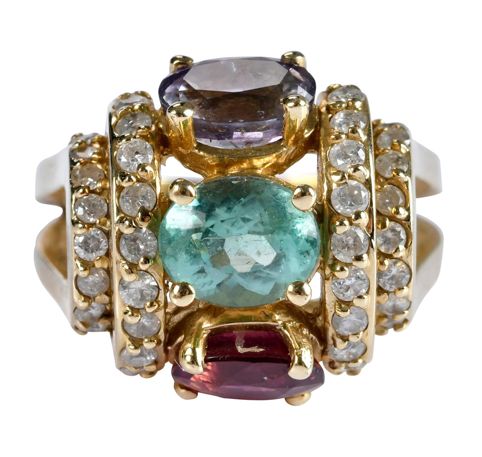 14kt. Barrel Shaped Tourmaline and Diamond Ring: oval mix cut magenta tourmaline, approx. 1.20 ct., light blue tourmaline, approx. 1.50ct., purple tourmaline, approx. 1.50ct., 48 round faceted diamonds, approx. 1.25ctw., I1-I2, I-J, marked "14K", ye
