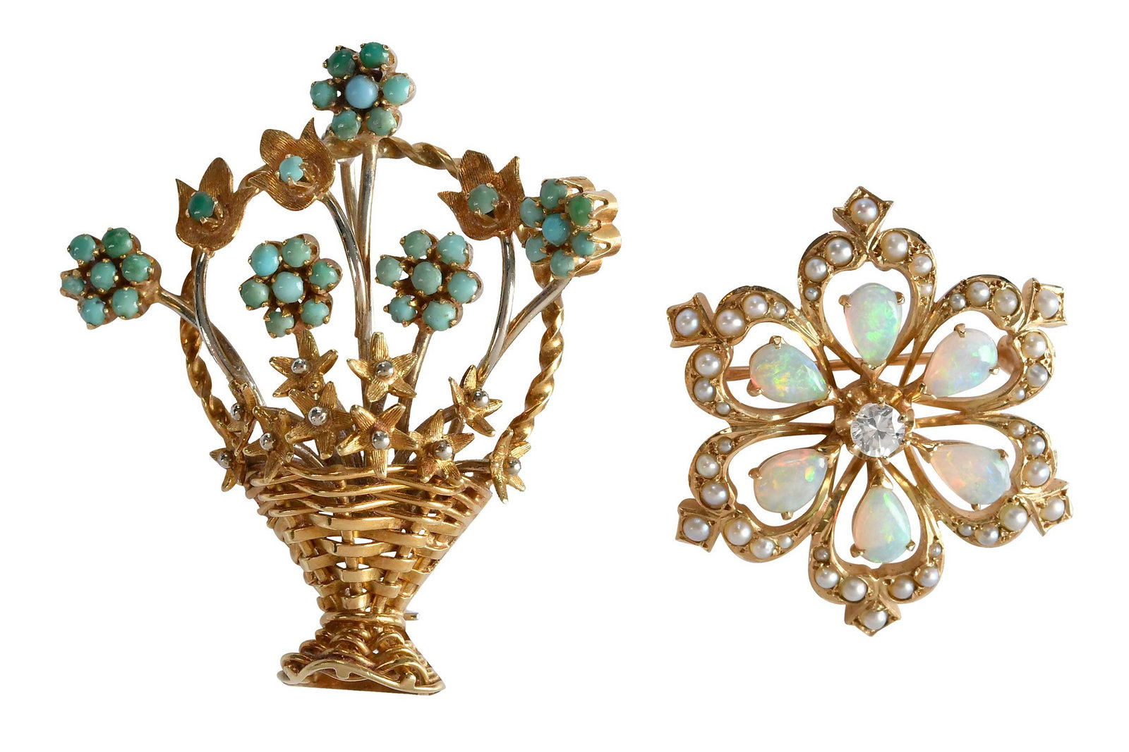 Two Gold Brooches with Turquoise, Pearls, Diamond and Opals: round cabochon cut turquoise, marked "K18, 750, 237 A, ITALY", yellow and white gold, 2 x 1-1/2 in., straight pin, 8.8 g; six pear shape cabochon cut opals, central round faceted diamond, accent seed 