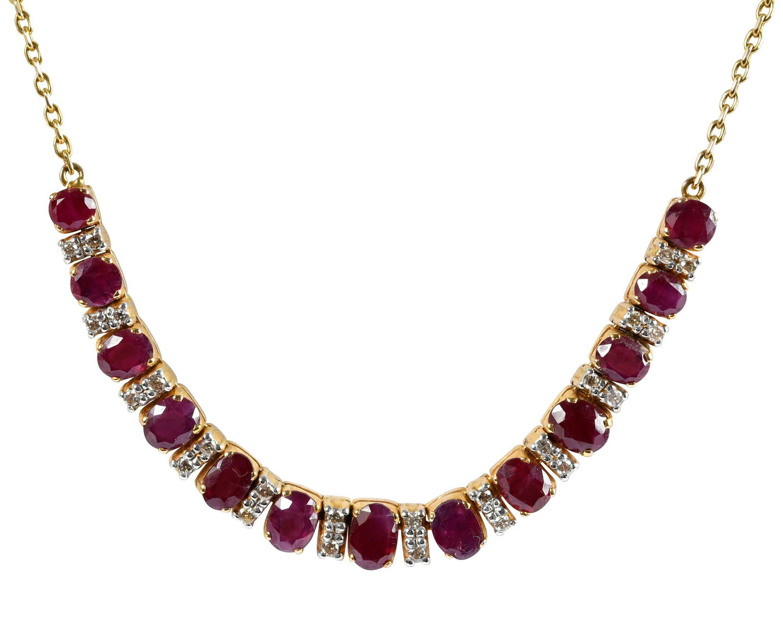 14kt. Ruby and Diamond Line Necklace: 13 oval faceted rubies, graduating in size, approx. 8.25ctw., alternating bar links, 24 round faceted diamonds, approx. 0.50ctw., tests 14kt. yellow gold, 7.0mm at widest area, chain tests 14kt. yello