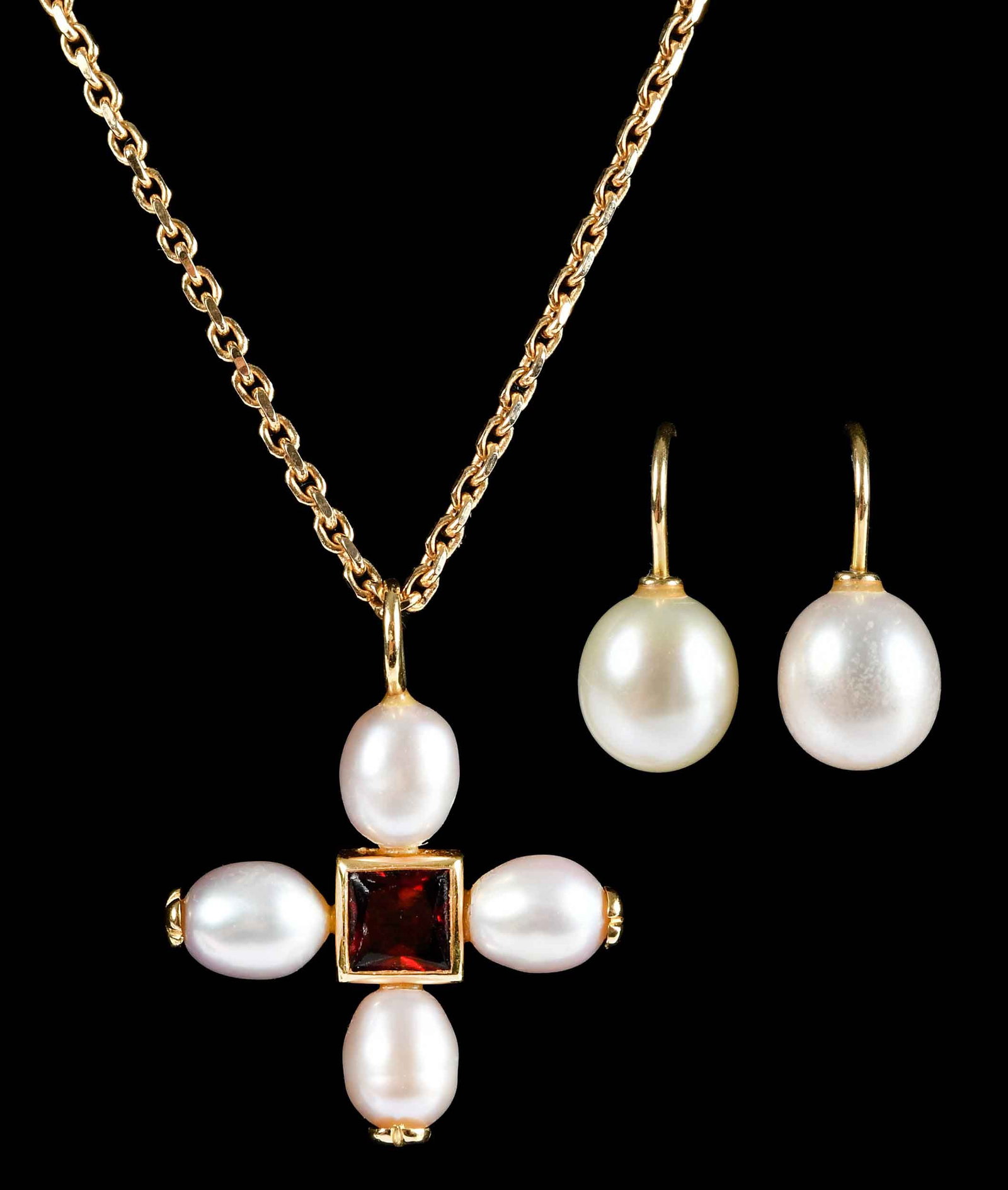 18kt. Modern Renaissance Pearl and Garnet Pendant with Pearl Drop Earrings (1 of 7)