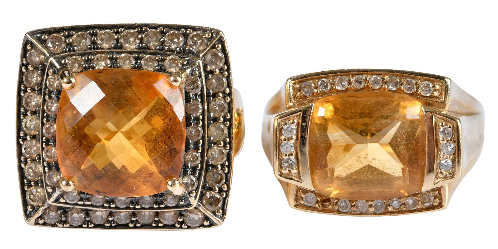 Two 14kt. Citrine and Diamond Fashion Rings: square checkerboard cut citrine, approx. 12.0mm, 48 round faceted cut champagne diamonds, approx. 1.20ctw., marked "14k, CHINA", yellow gold, 9 ring size, 20.0 x 21.0mm overall design, 14.0g; radiant 