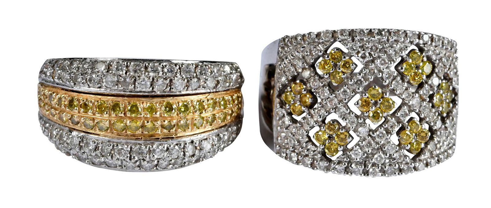 Two 14kt. White and Fancy Yellow Diamond Rings: round faceted cut diamonds, accented with round faceted cut fancy yellow diamonds, marked "14K", white gold, maker's mark, 8-1/2 ring sz., 17.0mm at widest area, 8.3 g; round faceted cut diamonds, acc