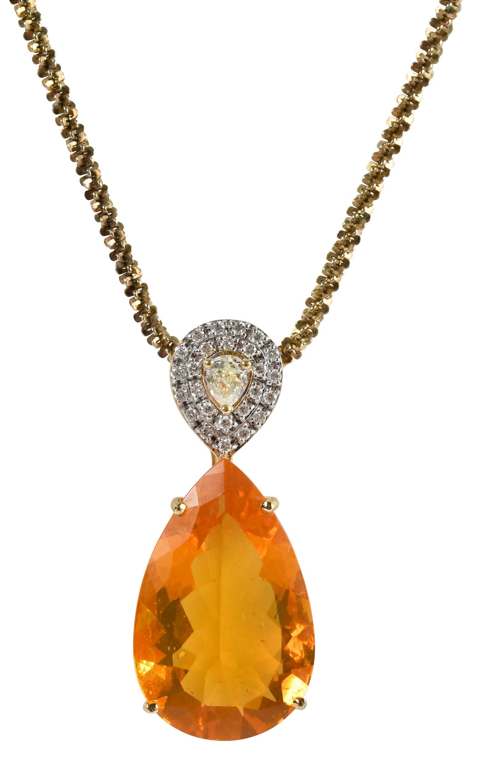 18kt. Fire Opal and Diamond Pendant on Chain: pear faceted fire opal, approx. 8.95ct., one pear faceted light yellow diamond, approx. 0.25ct., two rows of round faceted diamonds, approx. 0.15ctw., marked "18K", yellow gold, 1-1/4 in. length with 