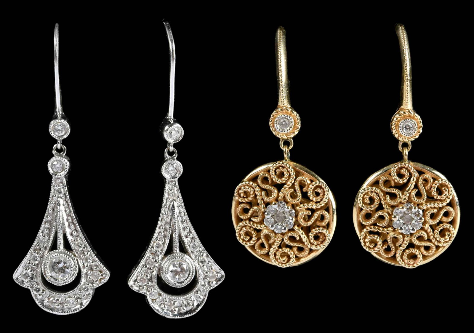 Two 14kt. Filigree and Milgrain Diamond Drop Earrings: Gabriel & Co jewelry, 14 round faceted diamonds, centrally clustered, two round faceted accent diamonds, signed "Gabriel & Co, 689720-2", marked "14K", yellow gold, leverbacks, 14.5mm diameter, 7.0 g;