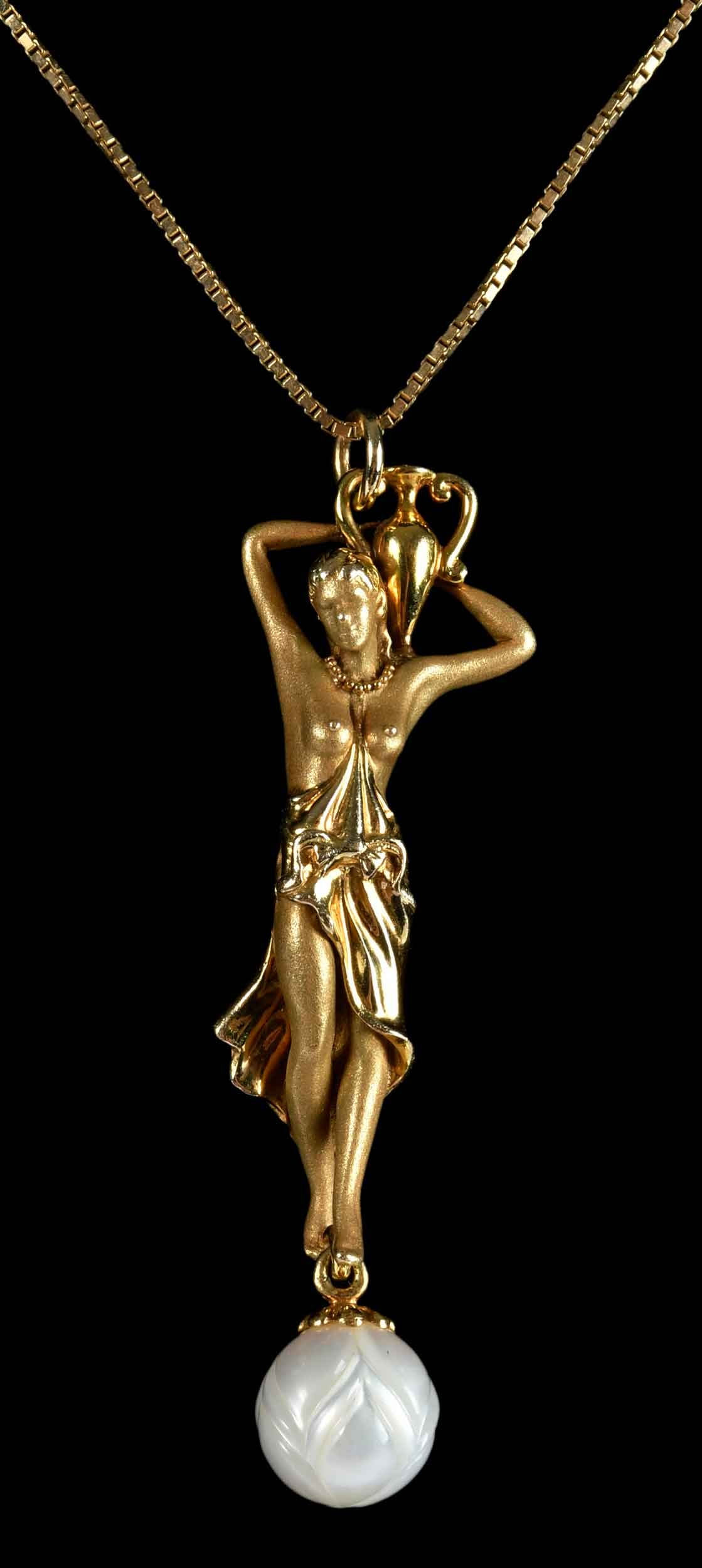 14kt. Galatea Pearl Water Goddess Pendant: yellow gold female figure, suspending one white carved pearl, approx. 9.5mm, signed "Galatea", marked "14k", yellow gold, satin and high polish finish, 2 in. length with pearl, box chain marked "14k",