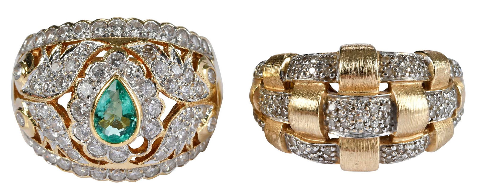 Two Gold Diamond Rings, One with Emerald: center pear faceted cut emerald, approx. 0.40ct., round faceted cut diamonds, approx. 2.15ctw., marked "750", 18kt. yellow gold, 8 ring sz., 9.2 g; textured woven design, round faceted cut diamonds, m