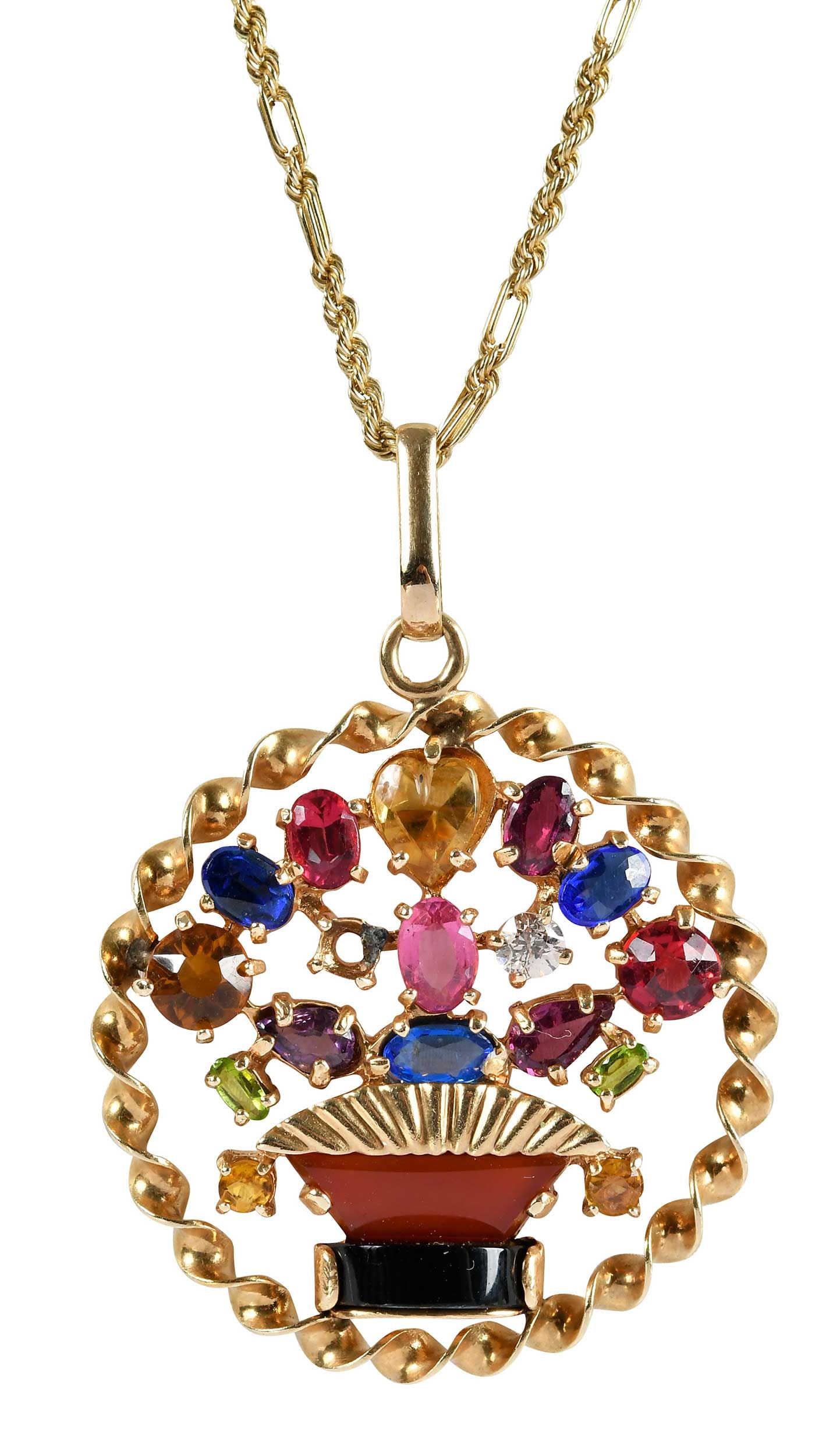 14kt. Multi Gemstone Pendant on Fancy Link Chain: one old cut diamond, assorted shapes, sizes, and color gemstones, amethyst, peridot, citrine, black onyx, and carnelian, pink, blue, and red test as glass, marked "14K", yellow gold, 1-3/8 in. diamete