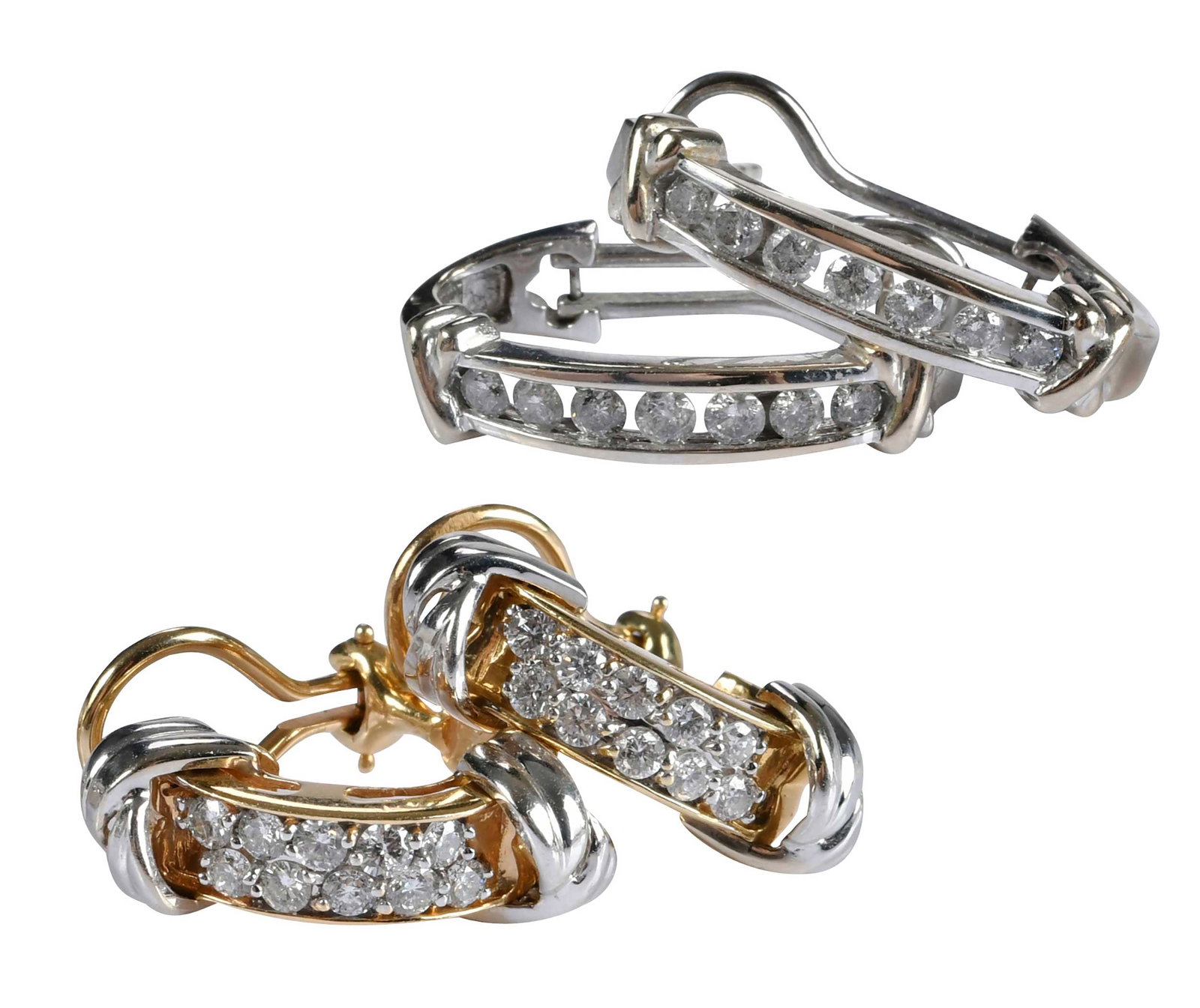Two Pairs of Gold and Diamond J-Hoop Earrings: 20 round faceted diamonds, approx. 0.60ctw., marked "14k", white and yellow gold, omega post backs, 23.0mm length, 10.5 g; 14 round faceted diamonds, approx. 0.70ctw., marked "10k", white gold, omega 