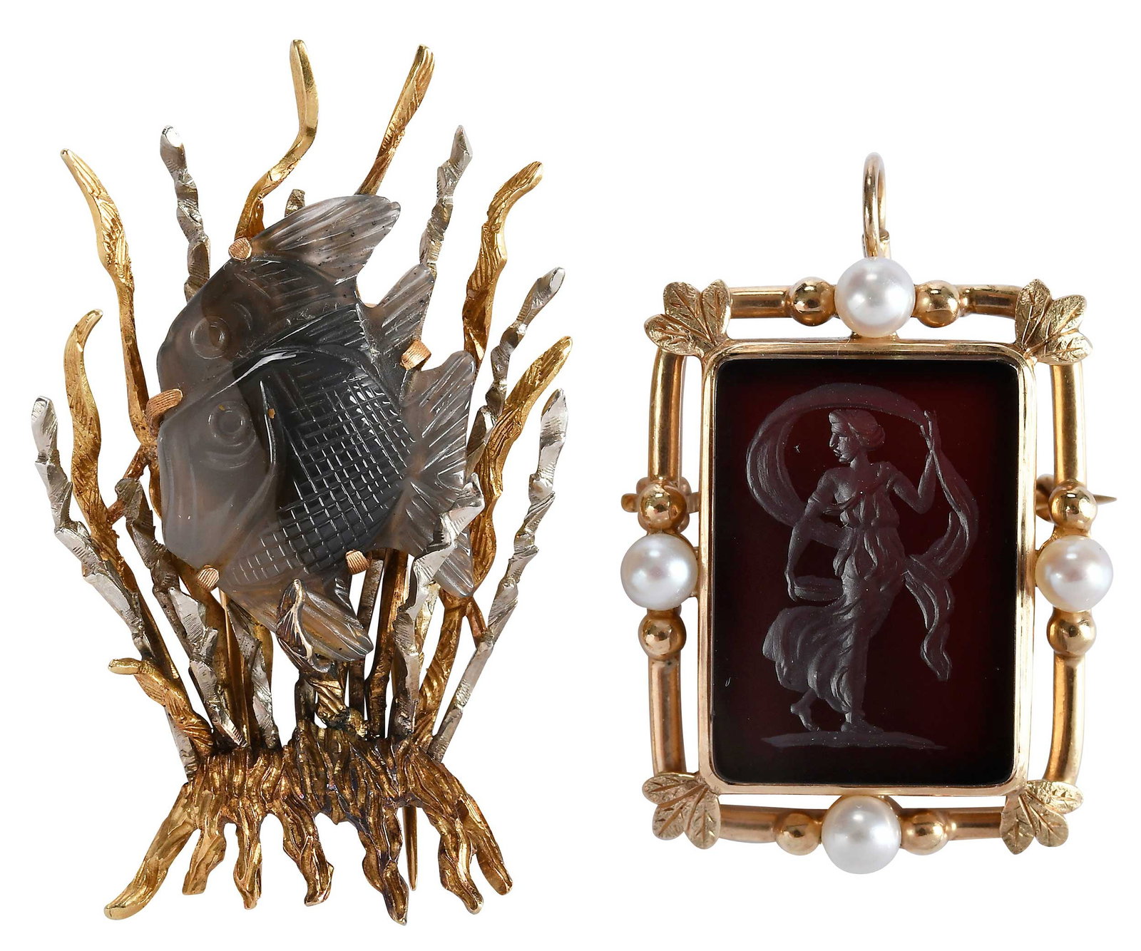 18kt. Buccellati Carved Agate Brooch, and Intaglio Pearl Brooch: agate carved fish, marked "Buccellati, 750, ITALY", yellow and white gold, 1-3/4 x 1 in., textured finish, 8.8 g; four pearls, black onyx, tests 14kt. yellow gold, approx. 1-1/8 x 7/8 in. overall desi