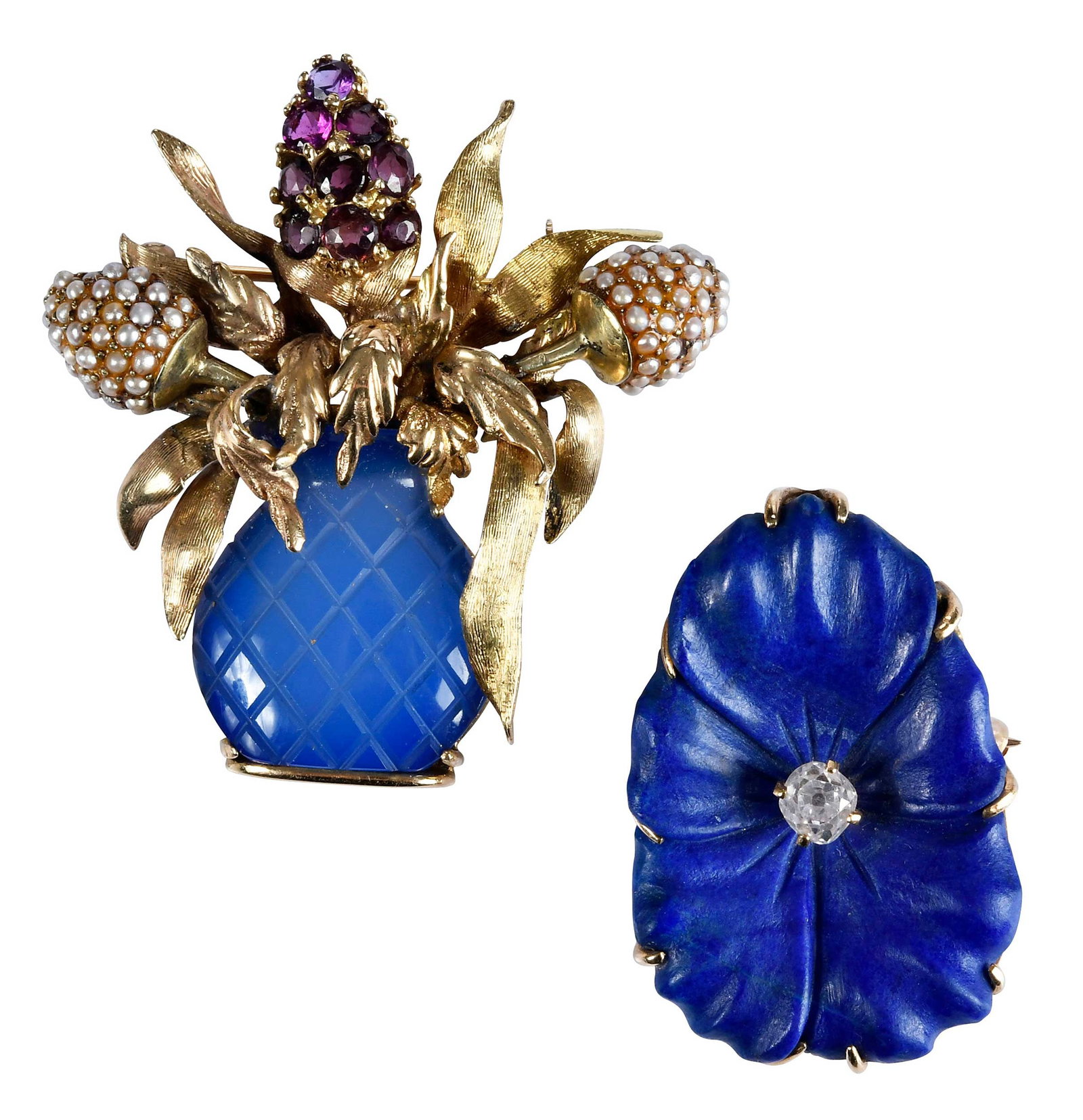 Two 14kt. Vintage Floral Gemstone Brooches: carved lapis lazuli flower, central old cut diamond, tests 14kt. yellow gold, 1-3/8 x 7/8 in., pendant or brooch, 6.8 g; two seed pearl thistles, one thistle of old cut rubies, carved possibly chalced