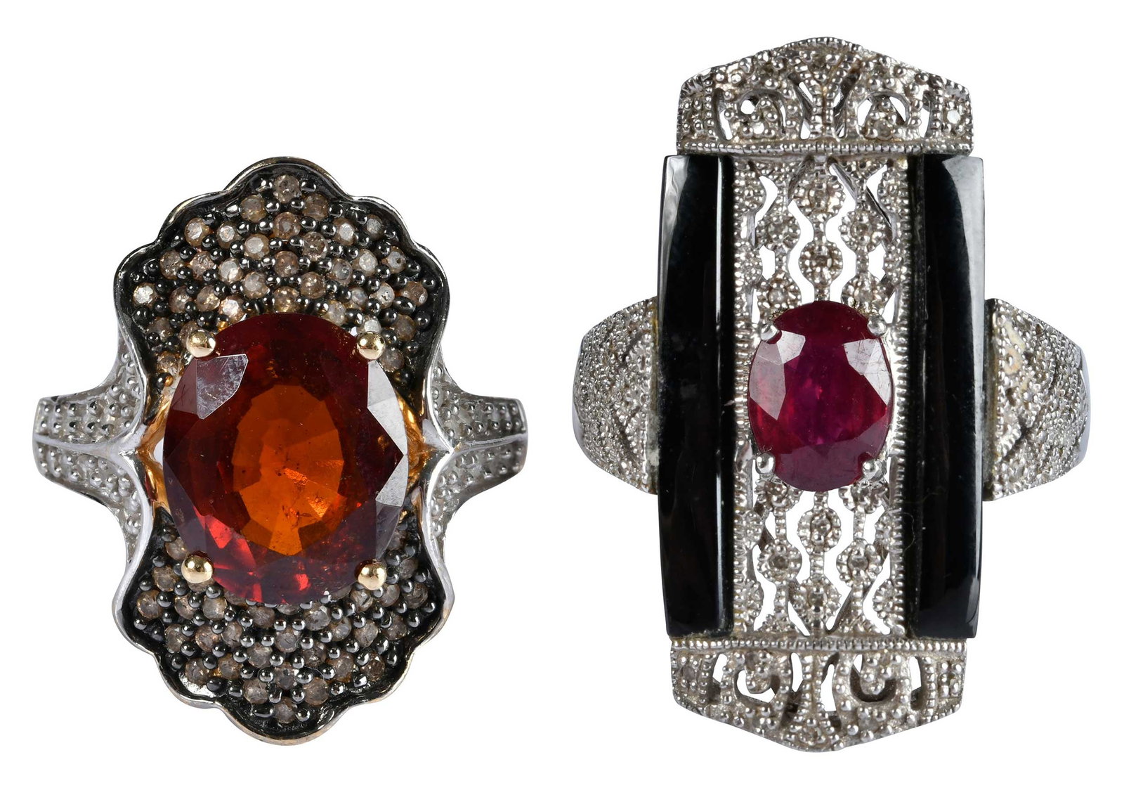 Two Victorian Style Rings: oval faceted garnet, single cut round faceted diamonds, light brown diamonds, marked "14k, FP", white gold, 9 ring sz., 25.0mm at widest, 7.0 g; black onyx, oval faceted synthetic ruby, single cut rou