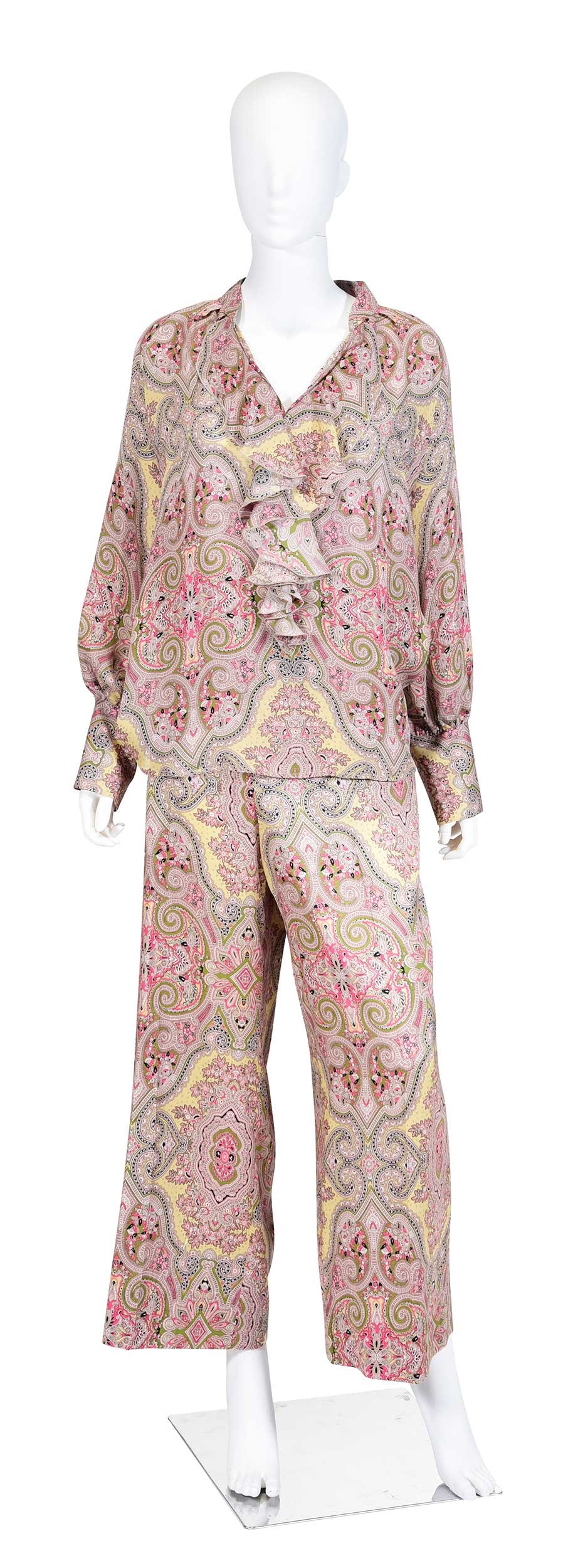Etro Paisley Print Ensemble: Italy, blouse, tagged size "44", shoulder approx. 17-1/2 in., length 34-1/4 in., pit to cuff 16-1/2 in.; pants, tagged size "48", waist 33 in., inseam 27 in. Provenance: Private Collection, Highlands,