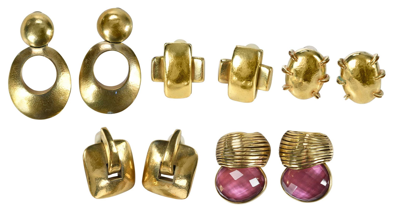 Five Pairs of Vaubel Clip On Earrings: Brooklyn, four pairs of geometric design clip on earrings; one pair with checkerboard cut colored jewels, all with maker's mark "Vaubel", gold tone, sizes range 1 in.-2-1/4 in. length Provenance: Priv