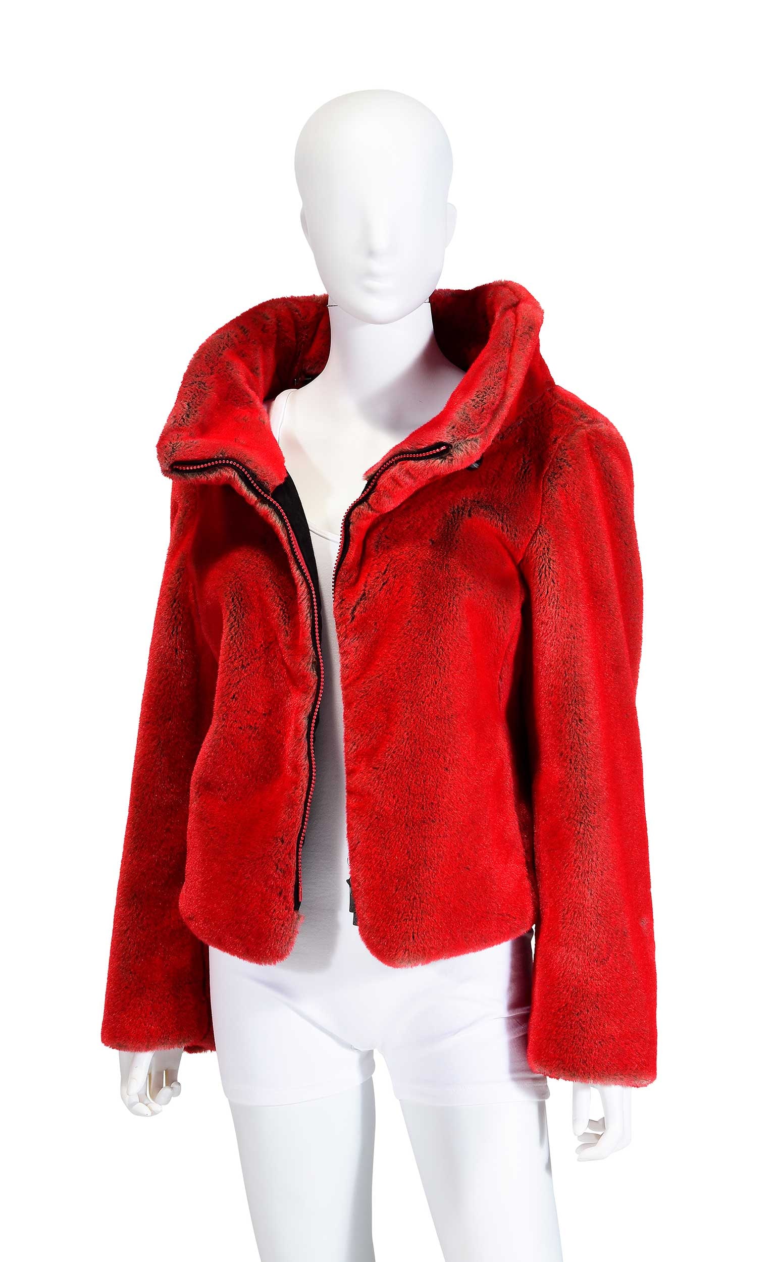 Armani Collezioni Red Faux Fur Jacket: Italy, tagged size "12", shoulder 18 in., length 18 in., pit to cuff 16-1/2 in. Provenance: Private Collection, Highlands, North Carolina