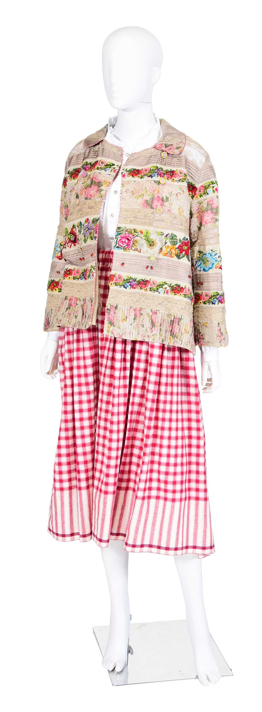 Pero Spring/Summer 2018 Three Piece Handmade Ensemble: India, linen, cotton, and silk jacket with hand stitched accents, tagged size "38" and "ltd edition no 348", shoulder 15-1/2 in., length 24-3/4 in., pit to cuff 14 in.; cotton ruffle blouse, tagged si