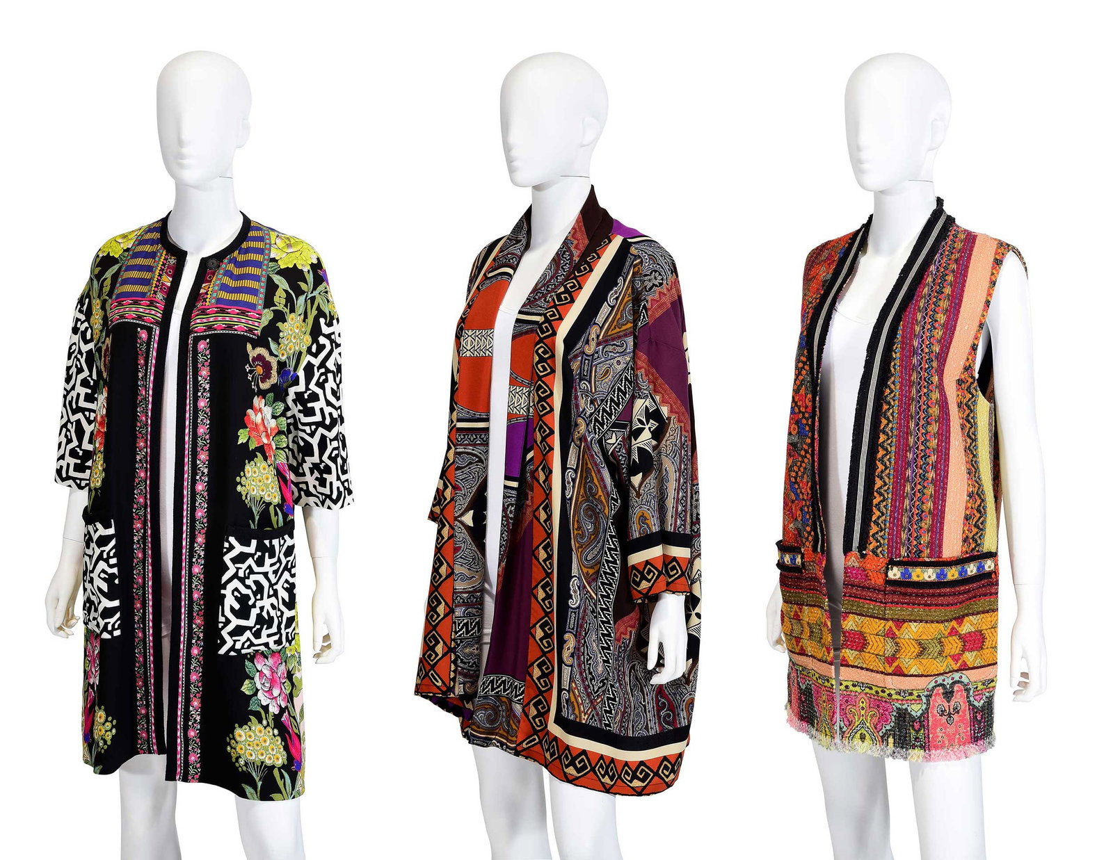 Three Pieces of Etro Ladies' Outerwear: Italy, silk robe, drop shoulder 23 in., length 33-1/2 in., pit to cuff 11 in.; canvas vest, shoulder 15-1/2 in., length 31-1/2 in.; silk overshirt/jacket, tagged size "38", drop shoulder 21 in., lengt