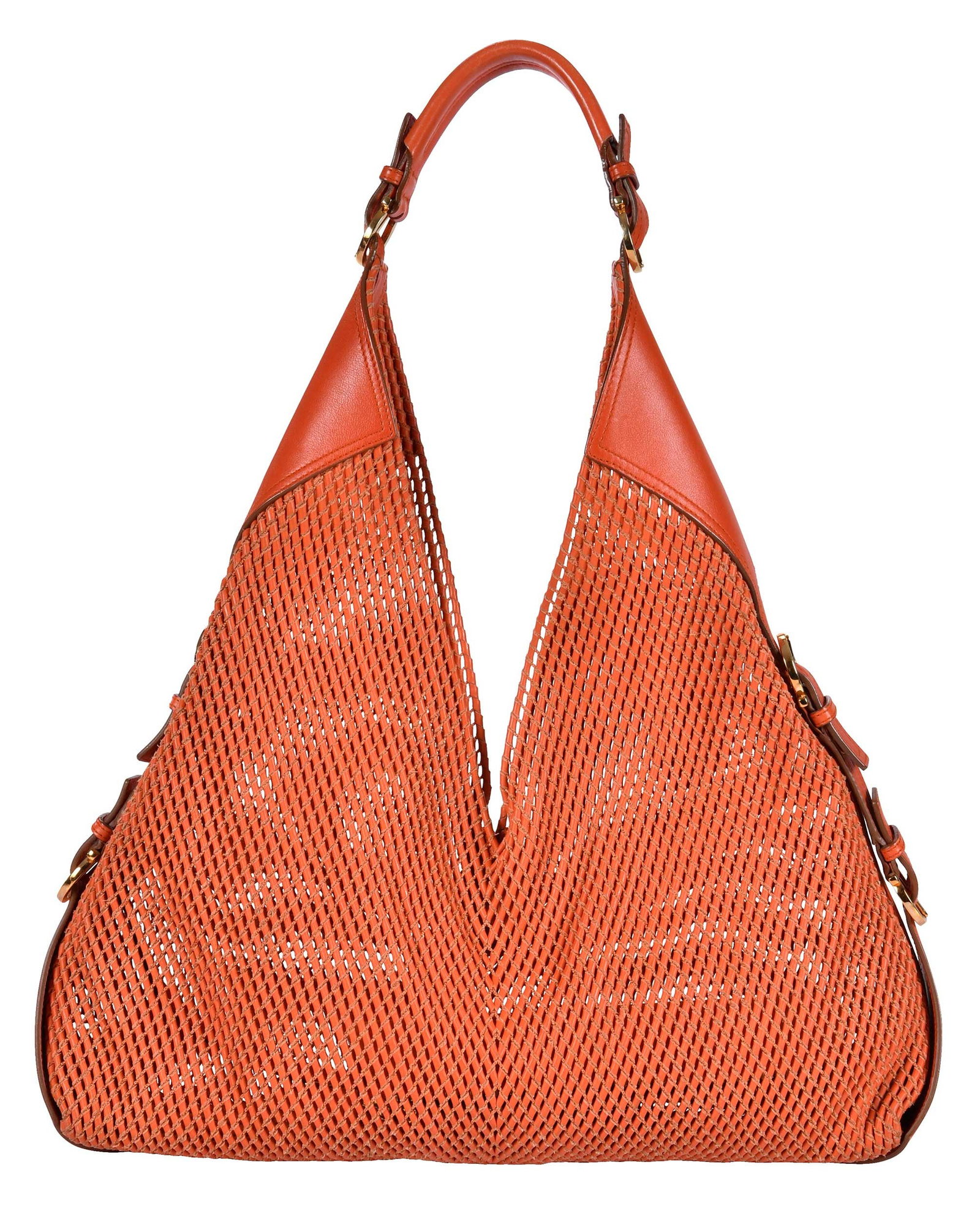 Salvatore Ferragamo Woven Orange Leather Shoulder Bag: Italy, with detachable coin purse, 17 x 15-1/2 x 3 in., handle drop 12-3/4 in. Provenance: Private Collection, Highlands, North Carolina
