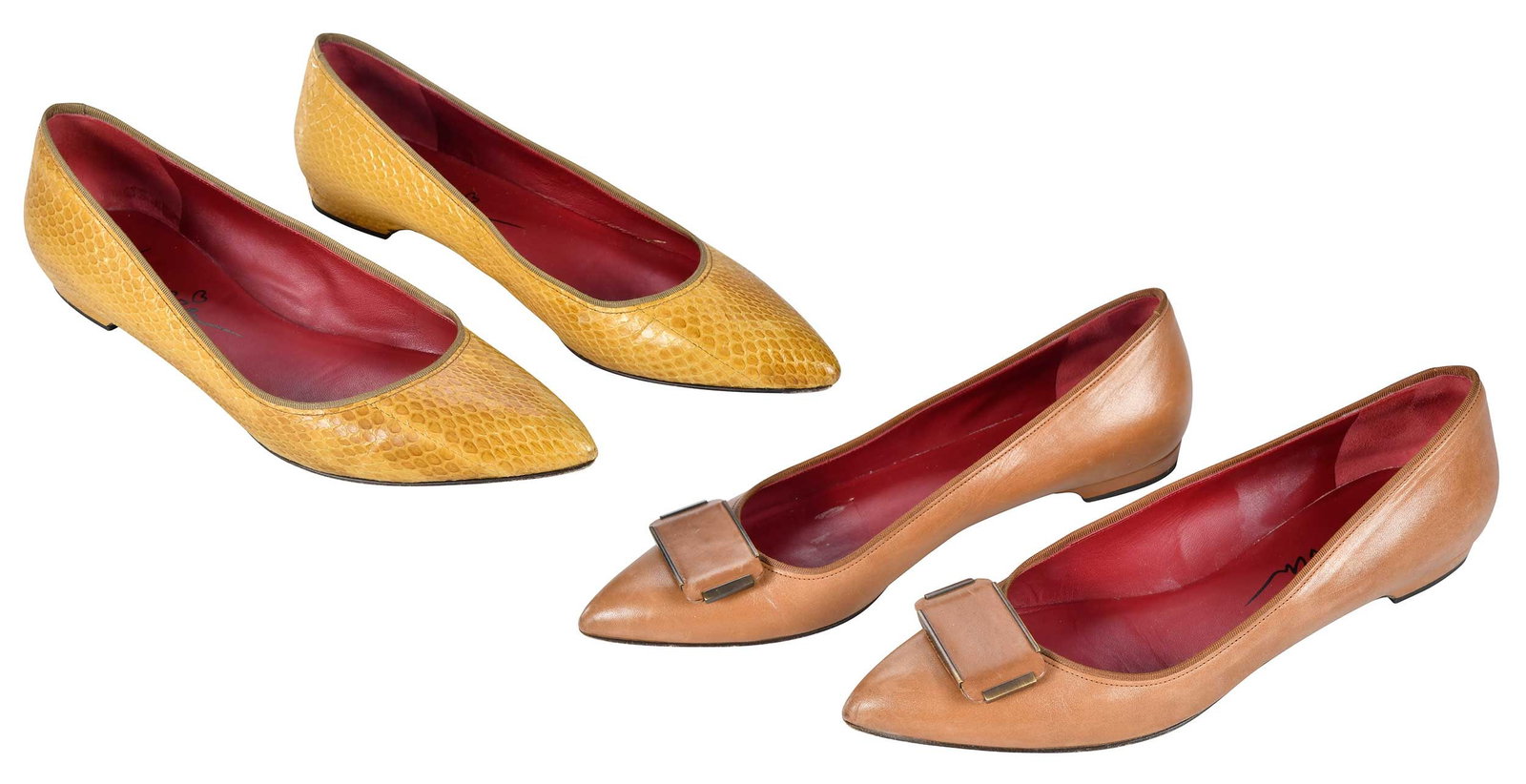Two Pairs of Lanvin Leather Ladies' Flats: France/Italy, yellow snakeskin pair marked size "39" and cognac leather pair marked size "39-1/2" (US size 8-1/2 or 9); in original boxes Provenance: Private Collection, Highlands, North Carolina
