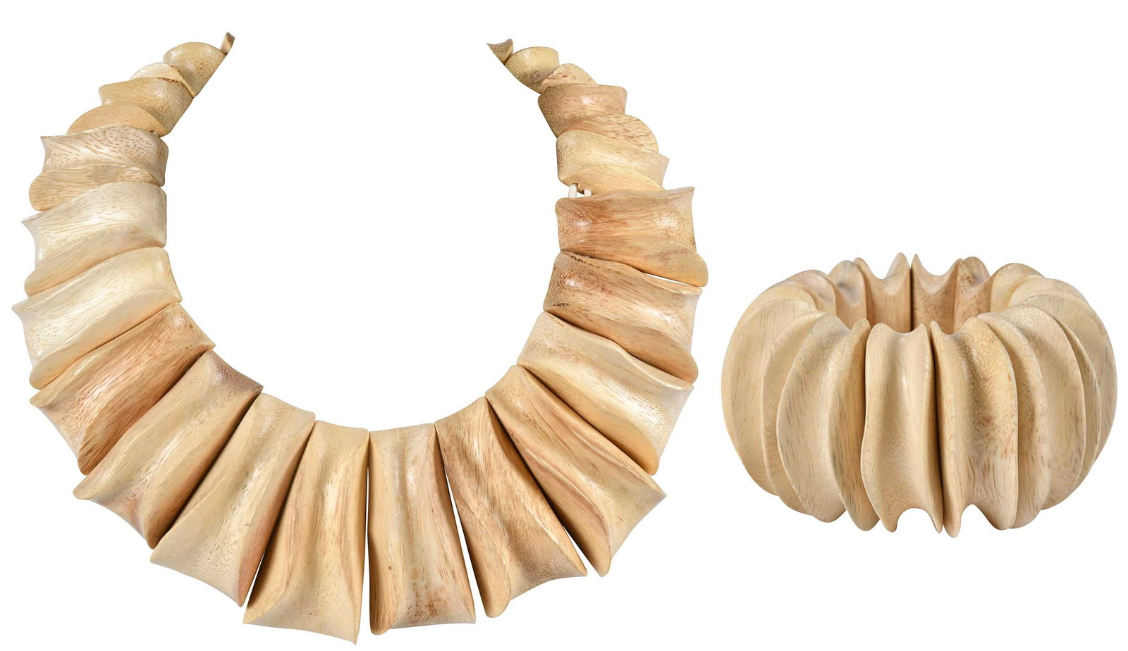 Monies Carved Wood Necklace and Bracelet: Denmark, possibly teak, necklace length approximately 18 in., bracelet 4-1/2 x 4-1/2 x 2-1/2 in. Provenance: Private Collection, Highlands, North Carolina