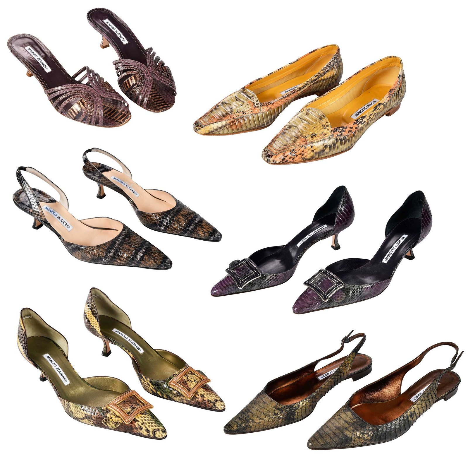 Six Pairs of Manolo Blahnik Ladies' Reptile Leather Shoes: Spain/Italy, all marked size "39-1/2" (US size 8-1/2 or 9), two pairs of flats and four of heels; in original boxes Provenance: Private Collection, Highlands, North Carolina