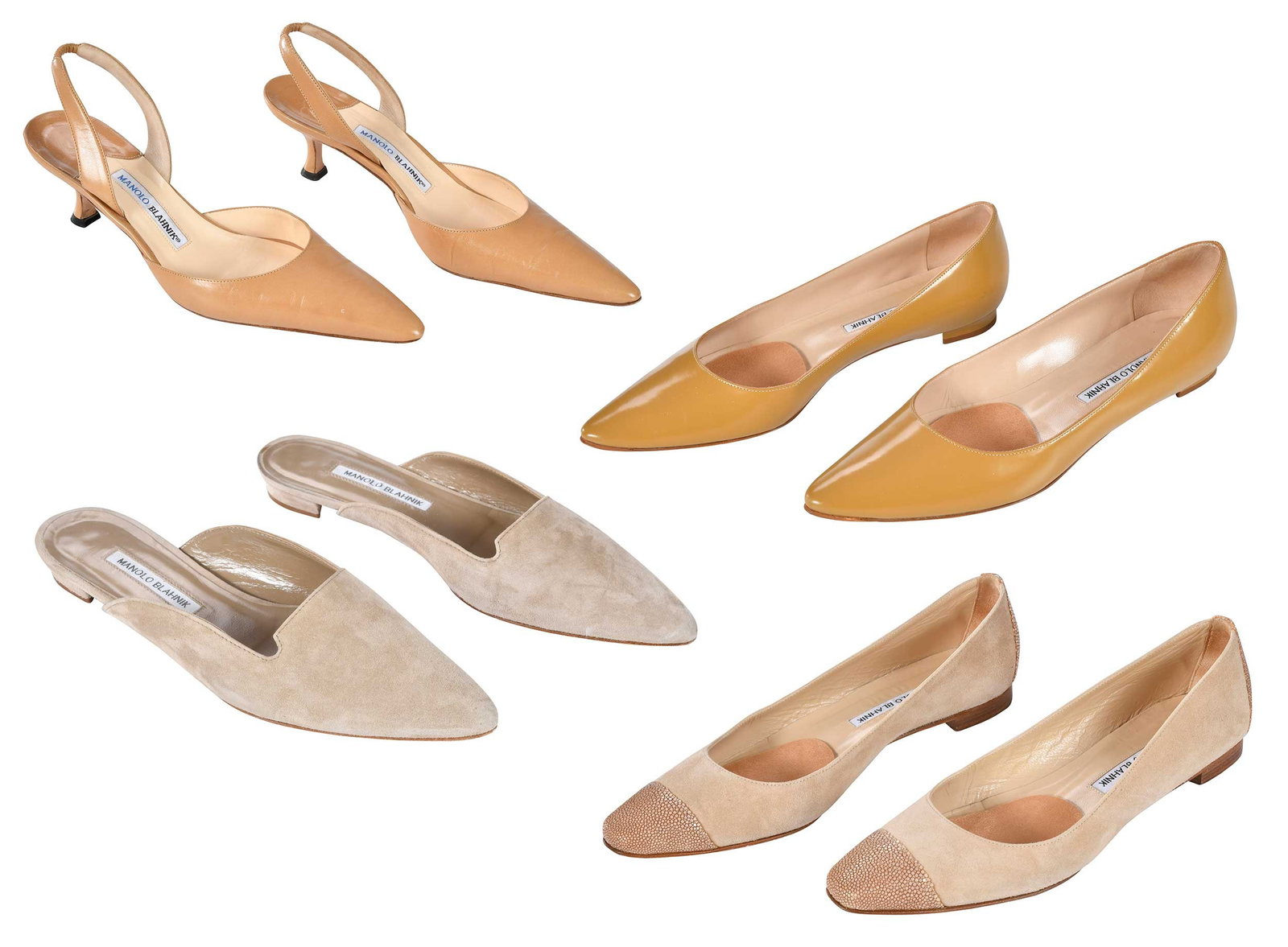 Four Pairs of Manolo Blahnik Tan Ladies' Shoes: Spain/Italy, all marked size "39-1/2" (US size 8-1/2 or 9), three pairs of flats and one of pumps; in original boxes Provenance: Private Collection, Highlands, North Carolina