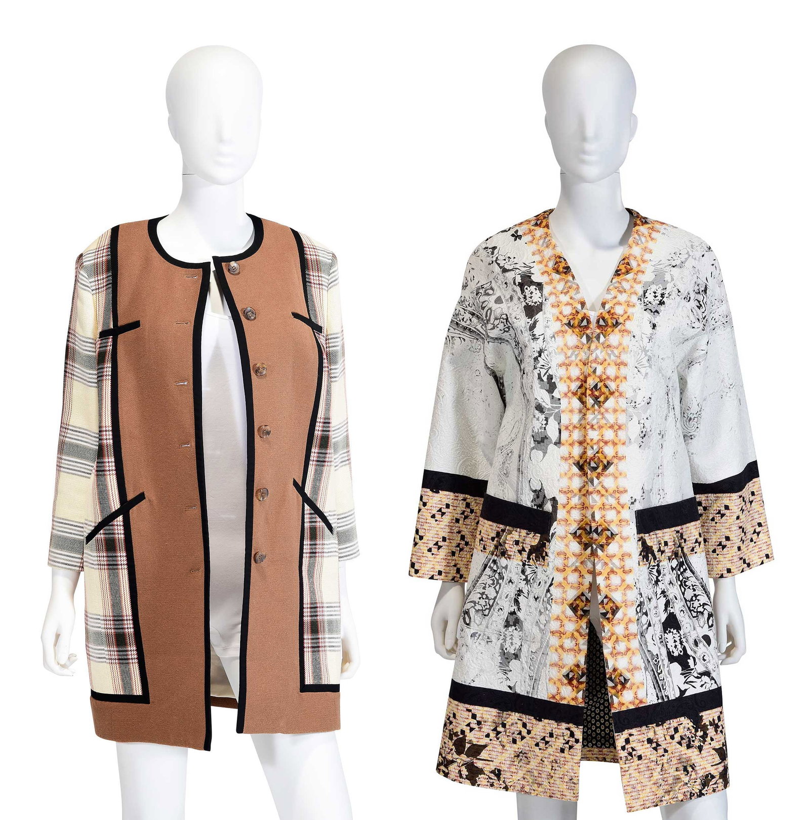 Two Etro Ladies' Coats: Italy, cotton brown and plaid jacket, tagged size "44", shoulder 16-3/8 in., length 31-3/4 in., pit to cuff 11 in.; printed kimono coat, tagged size "44", drop shoulder, shoulder 22-1/2 in., length 36