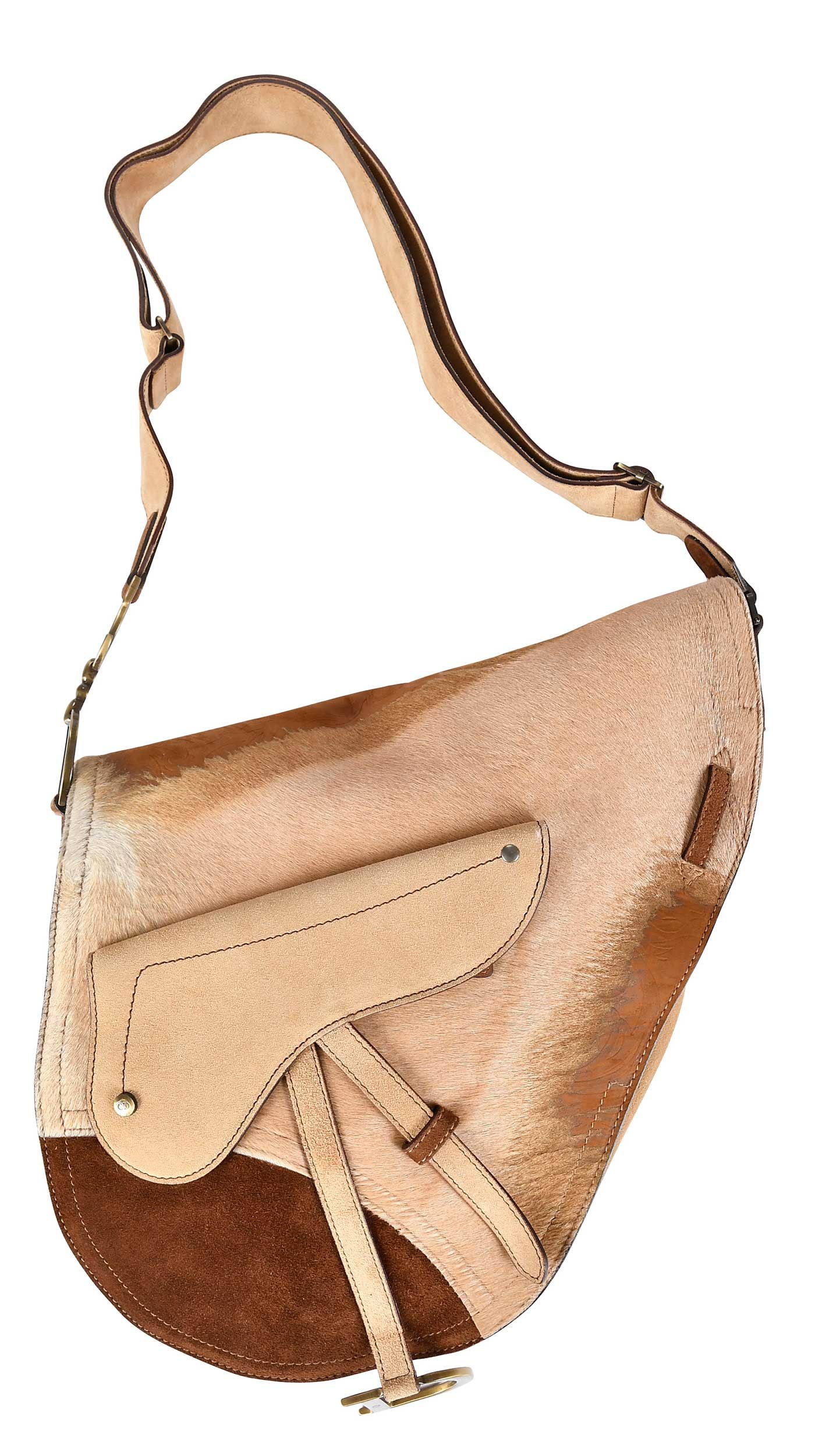 Christian Dior Cowhide Saddle Bag: Italy, circa 2002, brushed gold tone hardware, 12 x 14 x 4-1/4 in., strap drop 14-1/4 in., with original dust bag and authenticity card