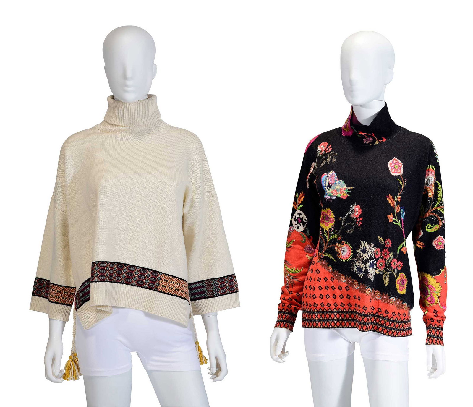 Two Etro Ladies' Sweaters: Italy, printed turtleneck sweater, tagged size "48", shoulder 14-1/4 in., length 23-1/4 in., pit to cuff 19-1/2 in.; cream turtleneck sweater with tassels, tagged size "40", drop shoulder 25-1/2 in., 