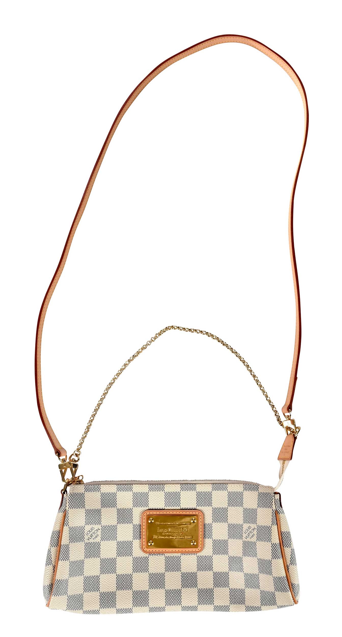 Louis Vuitton Damier Azur Eva Pochette: France, circa 2011, checkerboard canvas and Vachetta leather, 5-1/4 x 10-1/4 x 1-1/4 in., chain link handle drop 7-1/2, strap drop 24 in. Provenance: Private Collection, Biltmore Forest, North Carolin