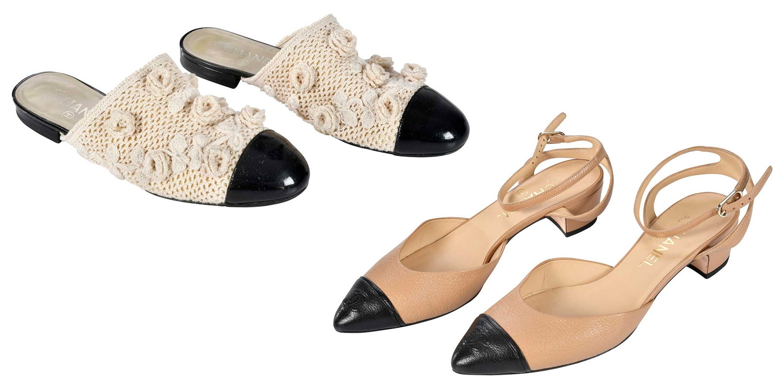 Two Pairs of Chanel Ladies' Shoes: France/Italy, both marked size "39-1/2" (US size 8-1/2 or 9), one pair of flats and one of pumps; in original boxes Provenance: Private Collection, Highlands, North Carolina
