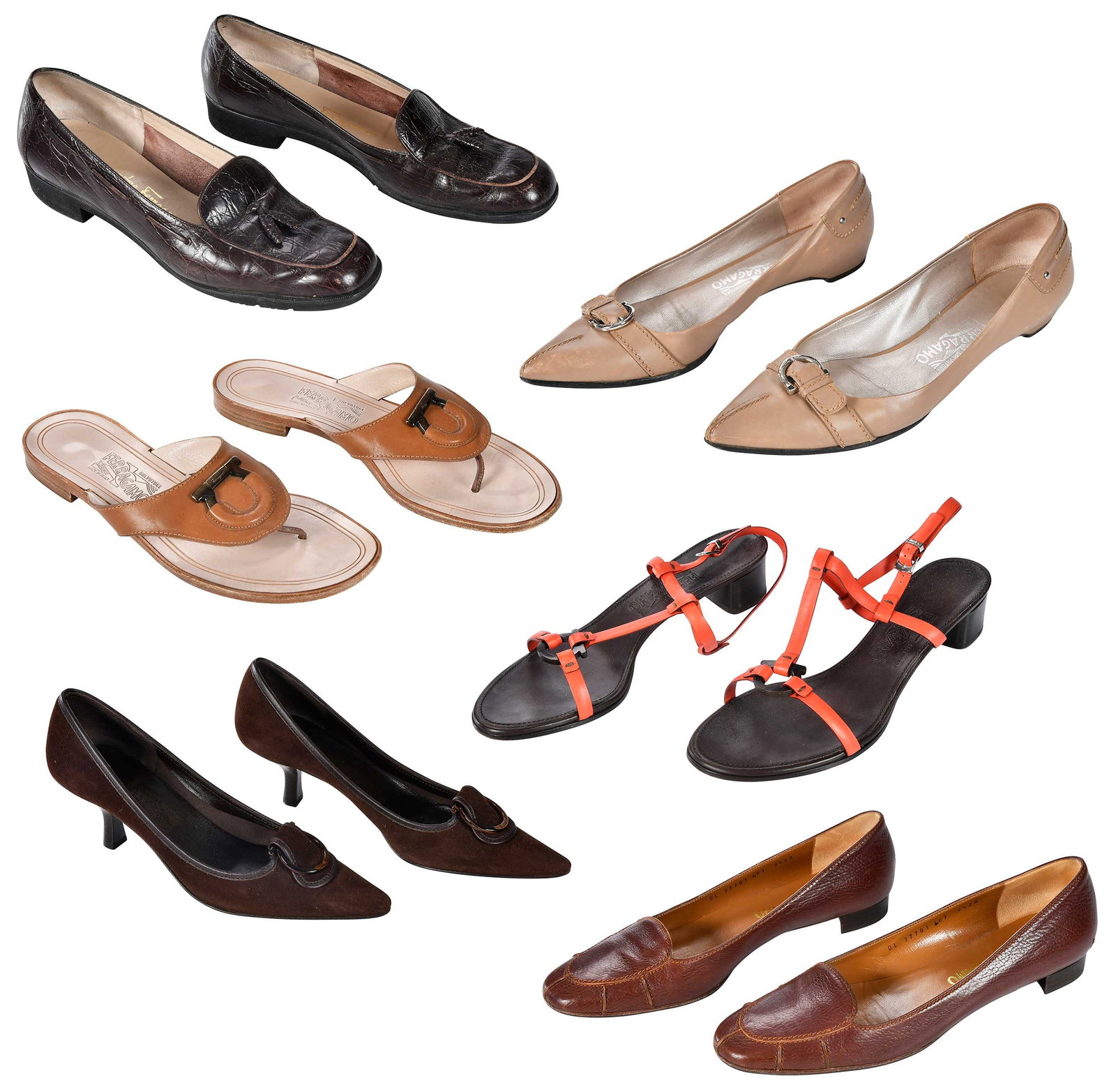 Six Pairs of Salvatore Ferragamo Ladies' Brown Shoes: Florence, Italy, all size "9-1/2" or "9", three pairs of flats, one of heels, two of sandals; in original boxes Provenance: Private Collection, Highlands, North Carolina
