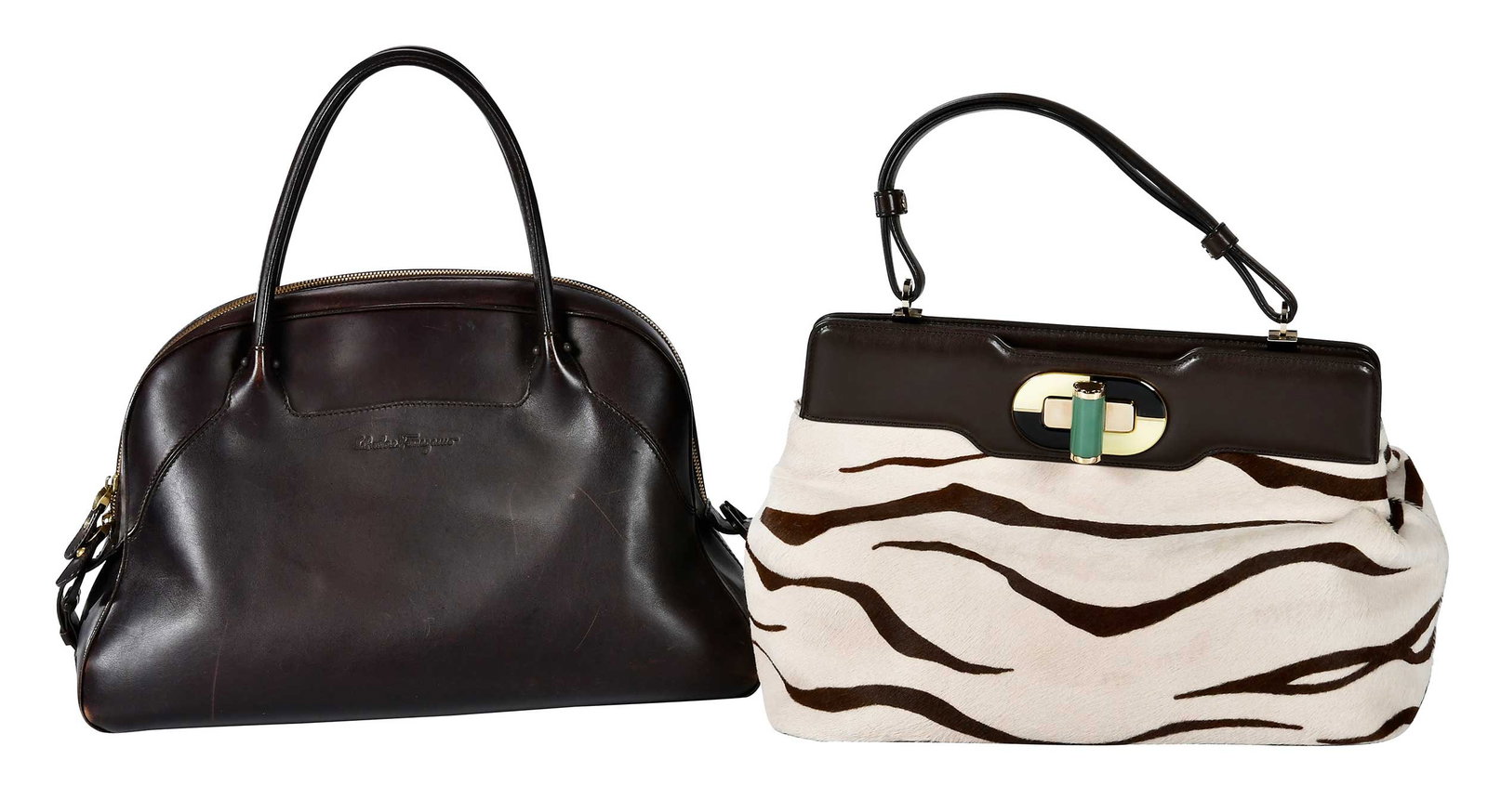 Two Brown Leather Designer Handbags, Salvatore Ferragamo and Bvlgari: Italy, Salvatore Ferragamo bowling bag, 9-1/2 x 16-1/4 x 8 in.; Bvlgari Isabella Rosselini zebra pony hair bag, 9-1/2 x 14-1/2 x 7-1/2 in., handle drop 5-3/4 in. Provenance: Private Collection, Highla