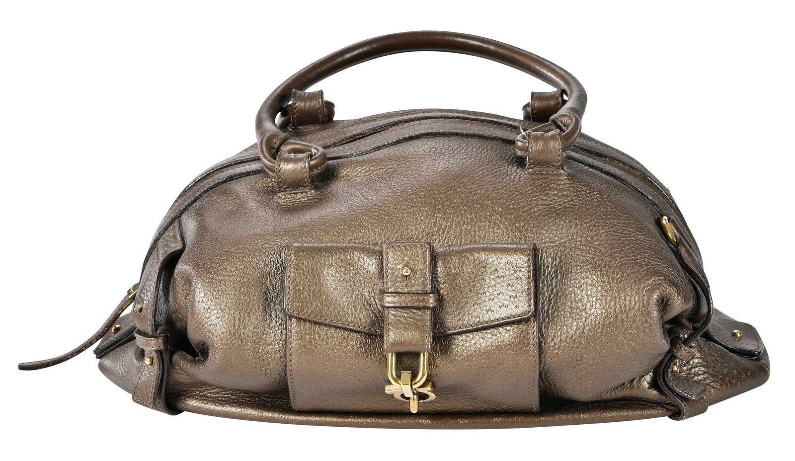 Salvatore Ferragamo Metallic Leather Shoulder Bag: Italy, bronze leather hobo bag with gold tone hardware, 6 x 15 x 10 in., 8-1/4 in. Provenance: Private Collection, Highlands, North Carolina
