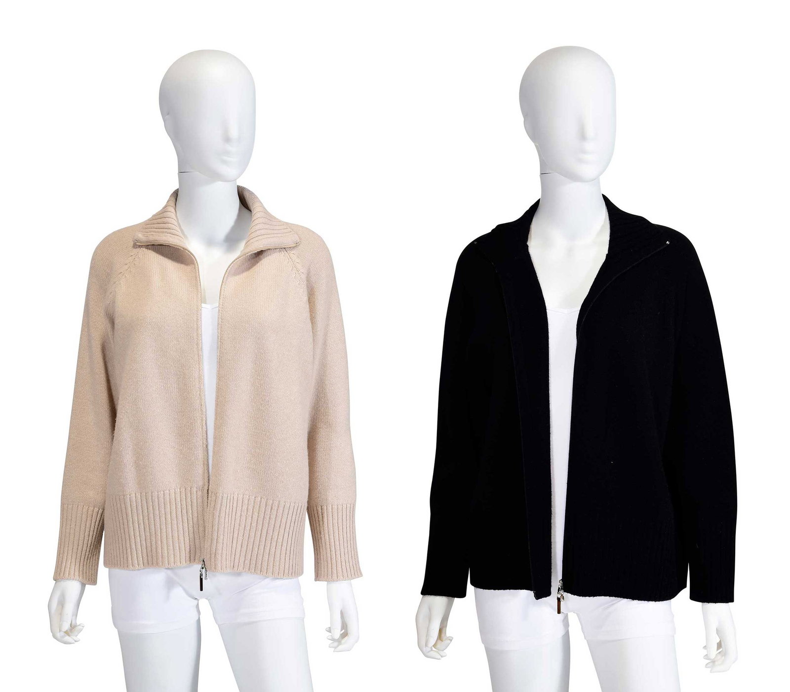 Two Brunello Cucinelli Cashmere Zippered Sweaters: Italy, beige tagged size "M", shoulder approx. 16 in., length 22 in., pit to cuff 16-1/2 in.; black tagged size "M", shoulder approx. 16 in., length 22 in., pit to cuff 16-1/2 in. Provenance: Private 
