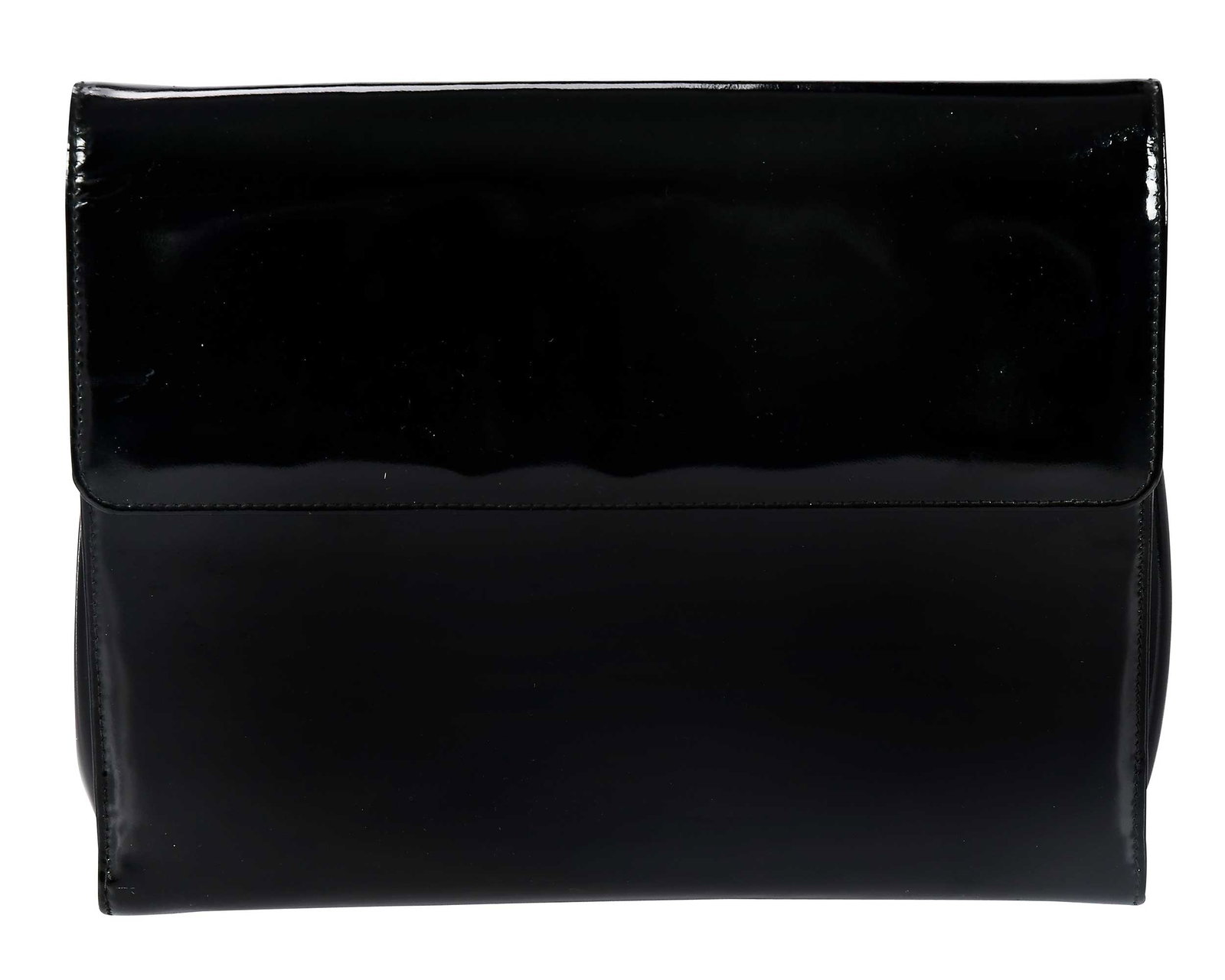 Salvatore Ferragamo Black Patent Leather Bag: Italy, black leather and suede, gold tone hardware and chain link strap, 8 x 9-3/4 x 3-1/4 in., strap drop 19 in. Provenance: Private Collection, Biltmore Forest, North Carolina