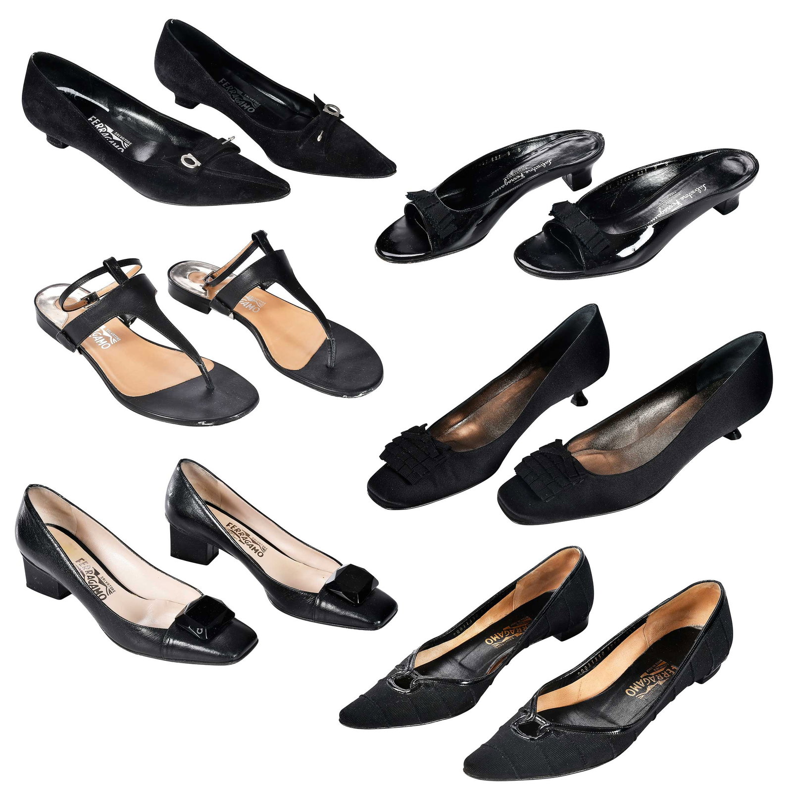 Six Pairs of Salvatore Ferragamo Ladies' Black Shoes: Florence, Italy, all size "9-1/2" or "9", one pair of flats, four of heels, one of sandals; in original boxes Provenance: Private Collection, Highlands, North Carolina