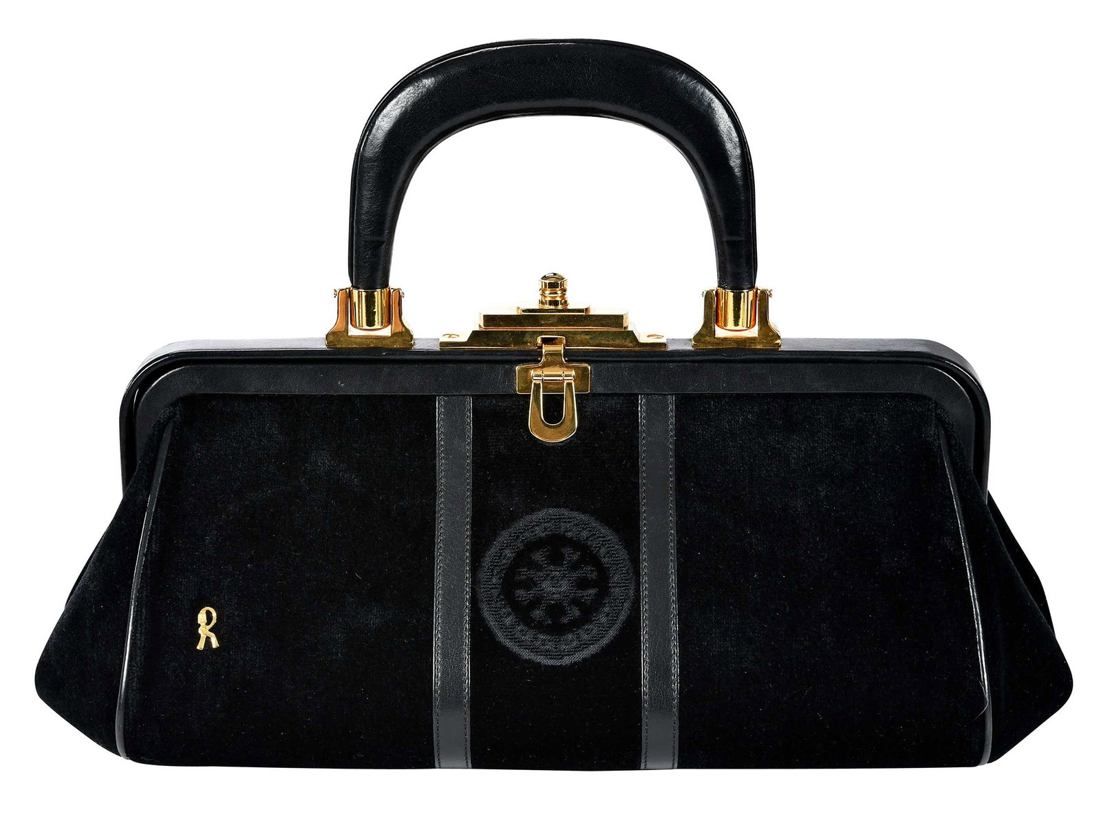 Roberta di Camerino Bacongi Handbag: Italy, black velvet and leather with gold tone hardware, 6-1/2 x 14 x 6-1/2 in., handle drop 3-3/8 in. Provenance: Private Collection, Biltmore Forest, North Carolina