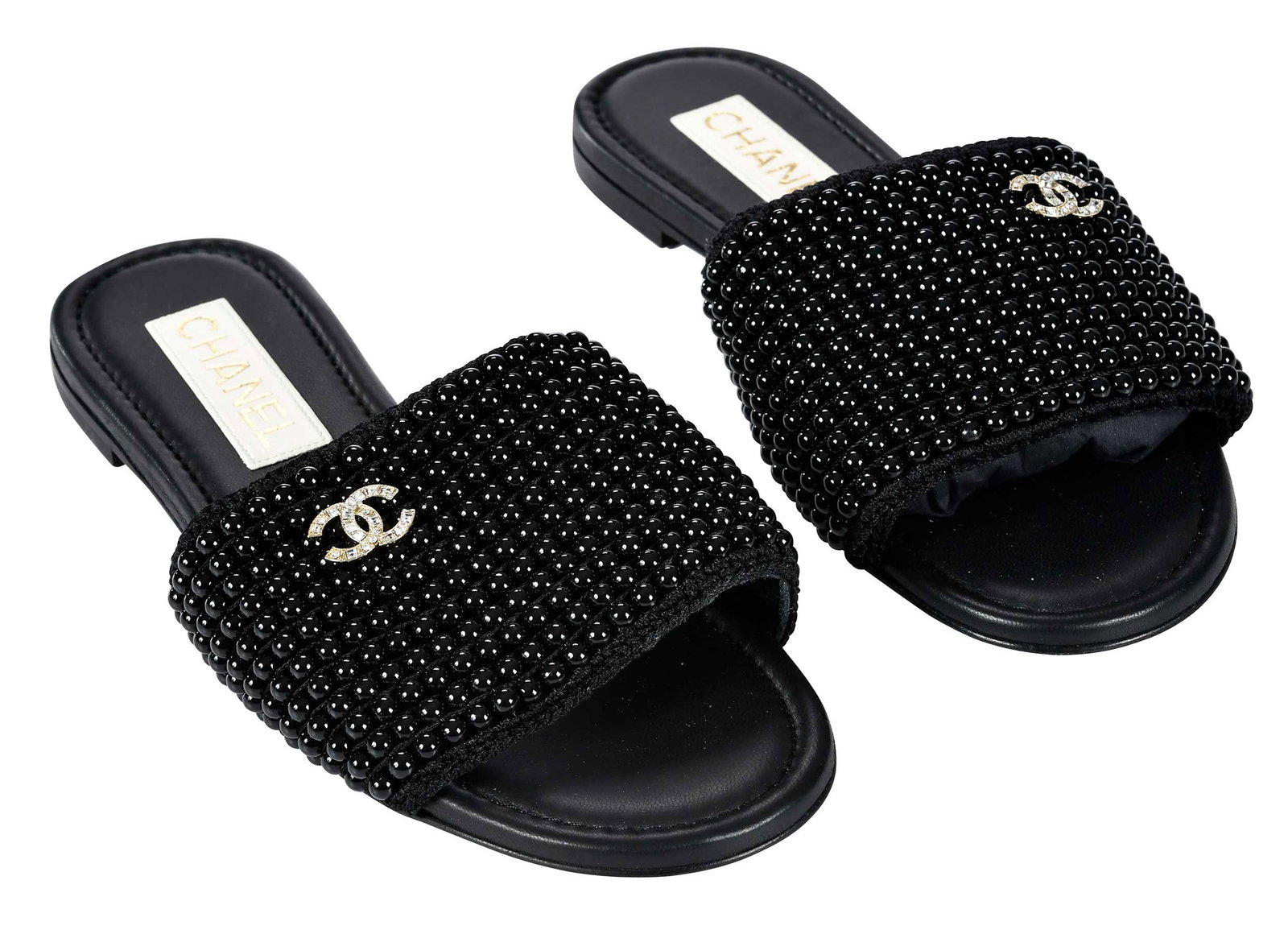 Chanel Black Pearl Crystal CC Mules: France/Italy, tag size 39-1/2, with original box and dustbags Provenance: Private Collection, Highlands, North Carolina