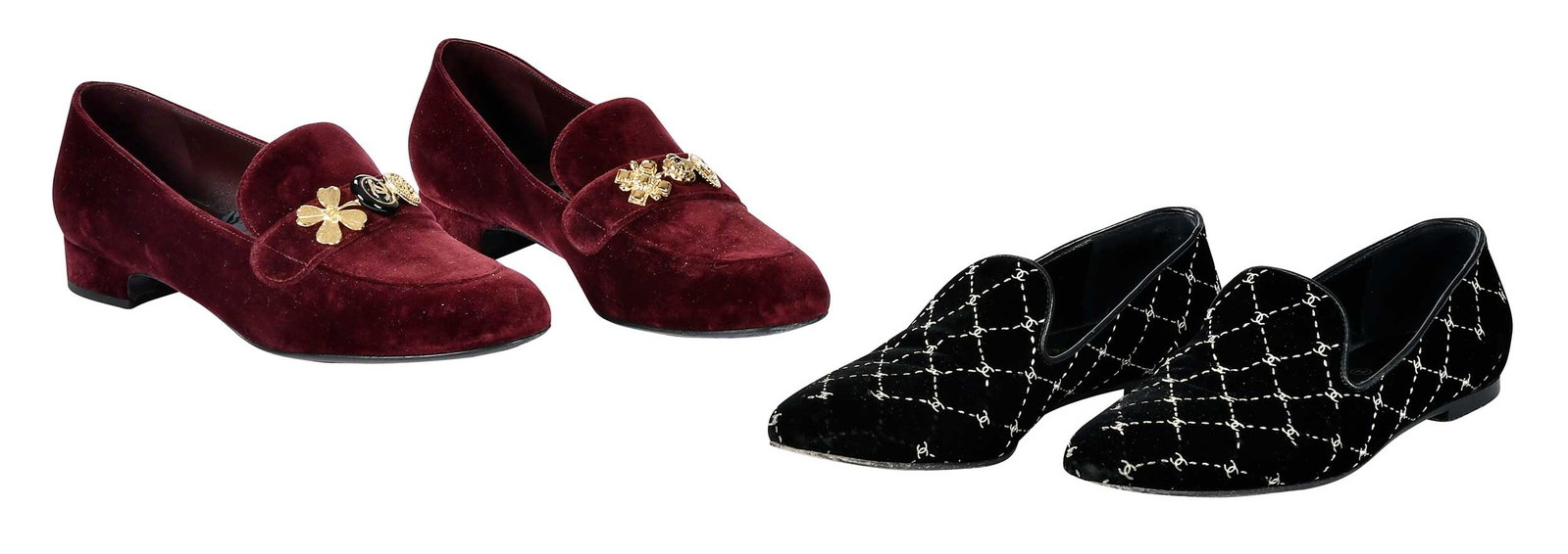 Two Pairs of Chanel Ladies' Velvet Loafers: France/Italy, pair of burgundy loafers, marked size 39-1/2 (US size 9); pair of black loafers with crosshatch motif, marked size 39-1/2 (US size 9); each in original box Provenance: Private Collection