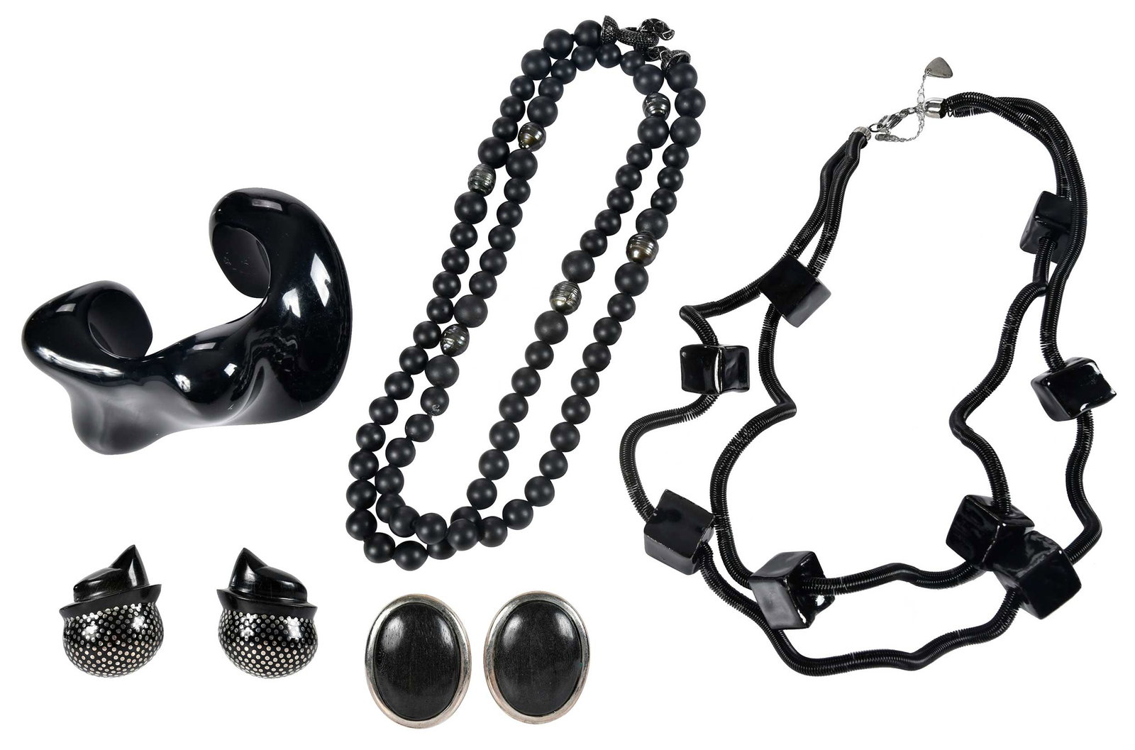 Collection of Five Black Jewelry Pieces, including Sandrine Giraud Necklace: Sandrine Giraud coiled wire necklace, stamped "Sandrine Giraud Paris", 19-1/2 in. length; two Patricia Von Musulin clip on earrings, wood and sterling silver, stamped "Von Musulin 925", largest 1-1/4 