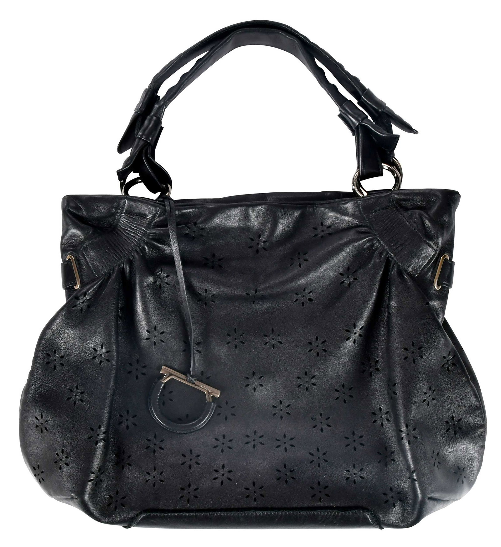 Salvatore Ferragamo Black Leather Bag with Floral Cutout Motif: Italy, with dark gold hardware and accents, 13 x 15 x 4 in., handle drop 6 in. Provenance: Private Collection, Highlands, North Carolina