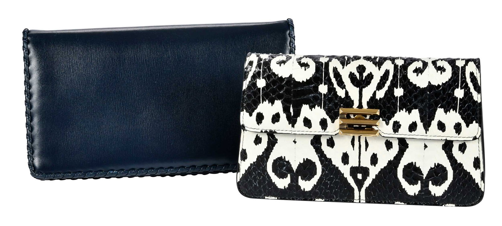 Two Designer Clutches, Judith Leiber and Etro: navy blue leather Judith Leiber clutch, 5-1/2 x 9-3/4 x 1-1/2 in.; Etro black and white python leather clutch, 5-1/4 x 8-3/4 x 1-1/2; with associated navy blue strap Provenance: Private Collection, Hi
