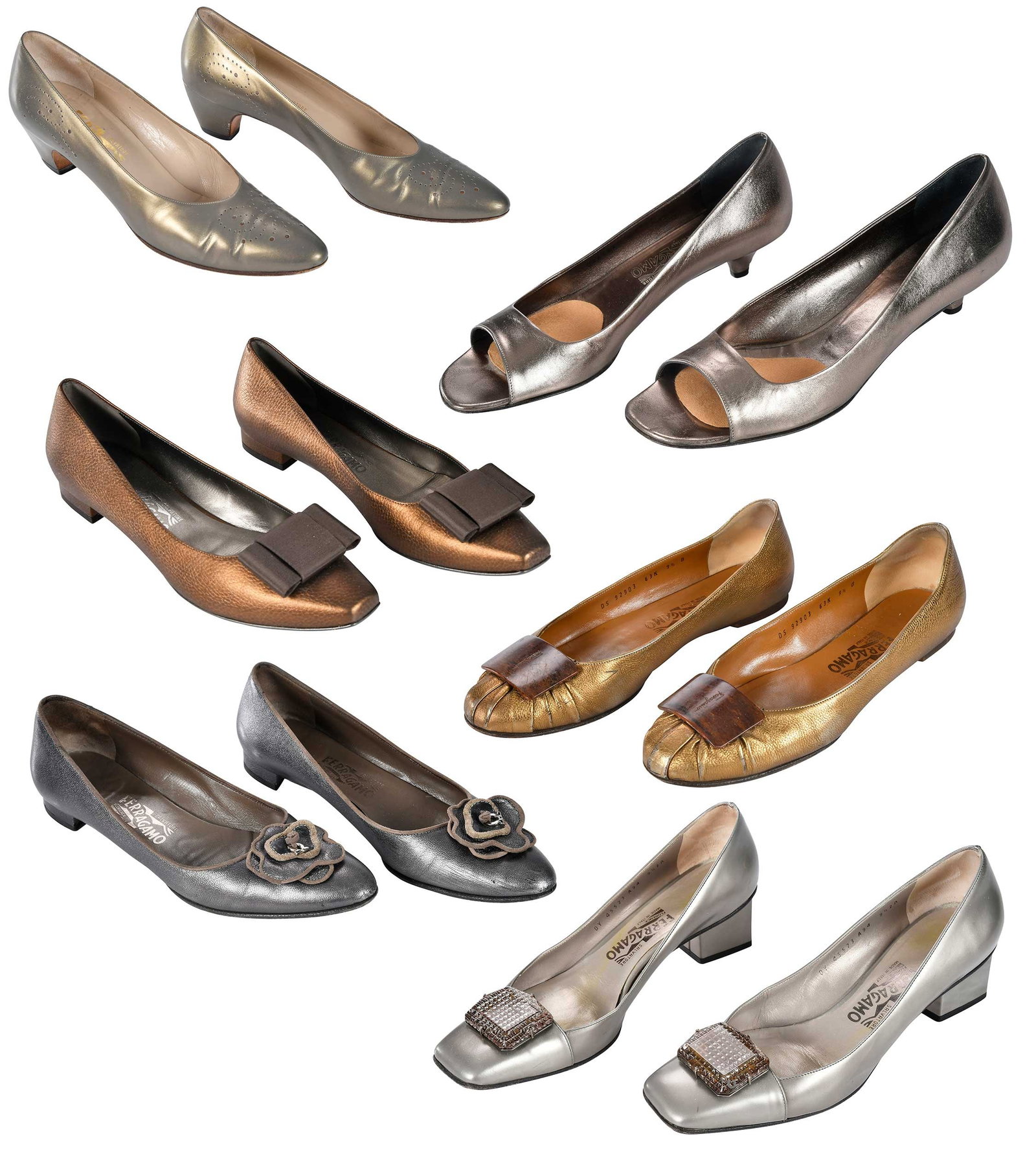 Six Pairs of Salvatore Ferragamo Ladies' Metallic Leather Shoes (1 of 20)